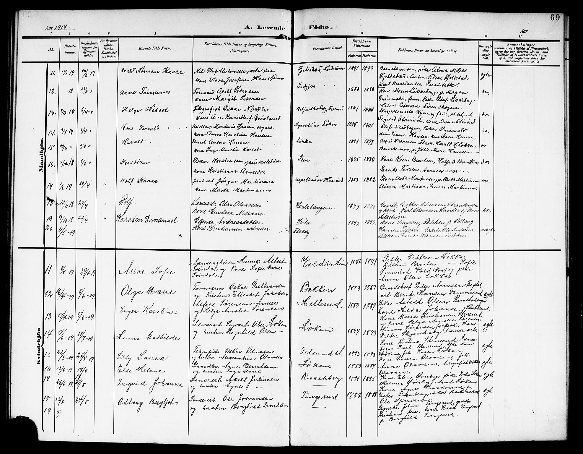 Fet prestekontor Kirkebøker, AV/SAO-A-10370a/G/Ga/L0008: Klokkerbok nr. I 8, 1907-1920, s. 69