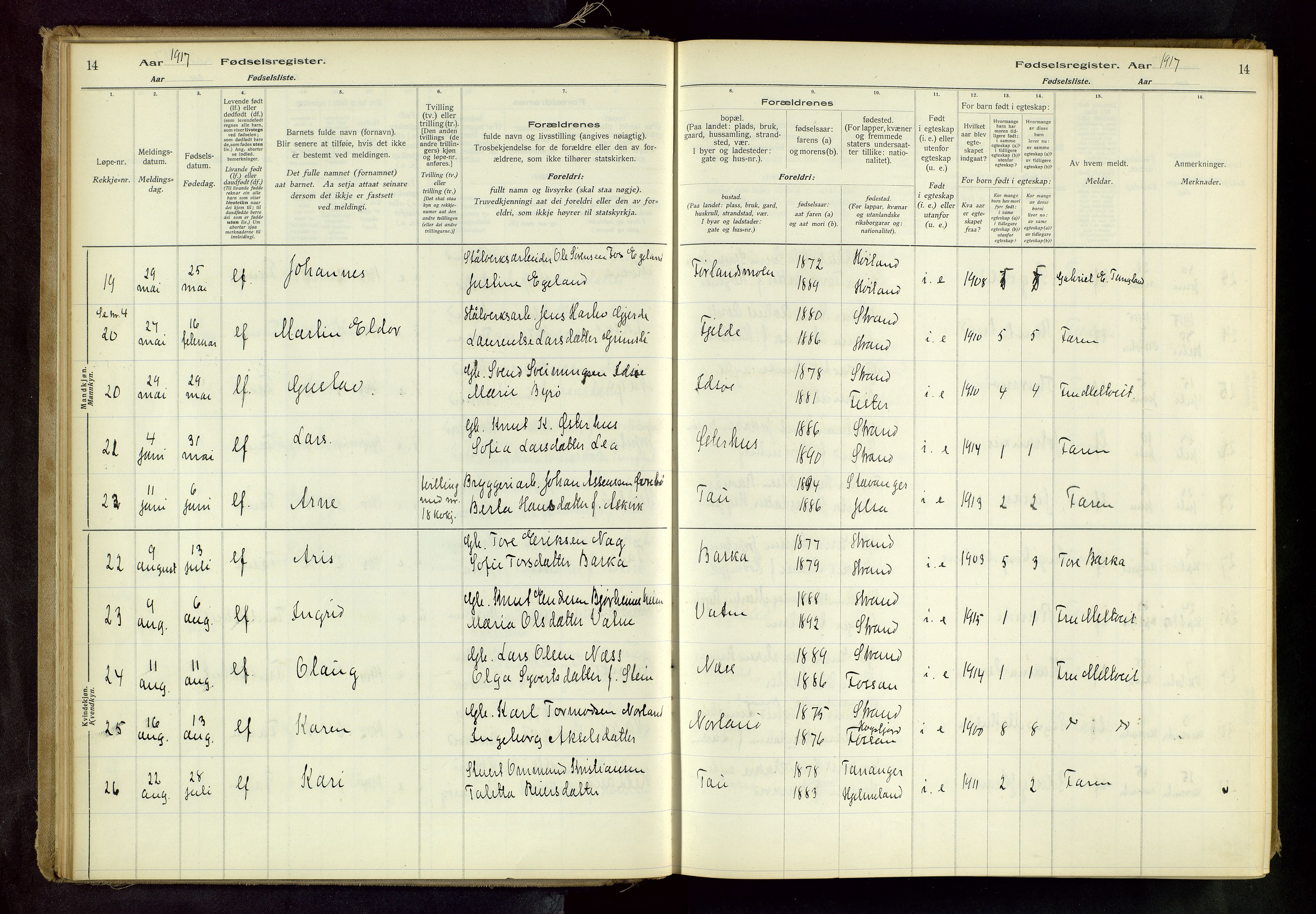 Strand sokneprestkontor, AV/SAST-A-101828/I/Id/L0001: Fødselsregister nr. 1, 1916-1938, s. 14