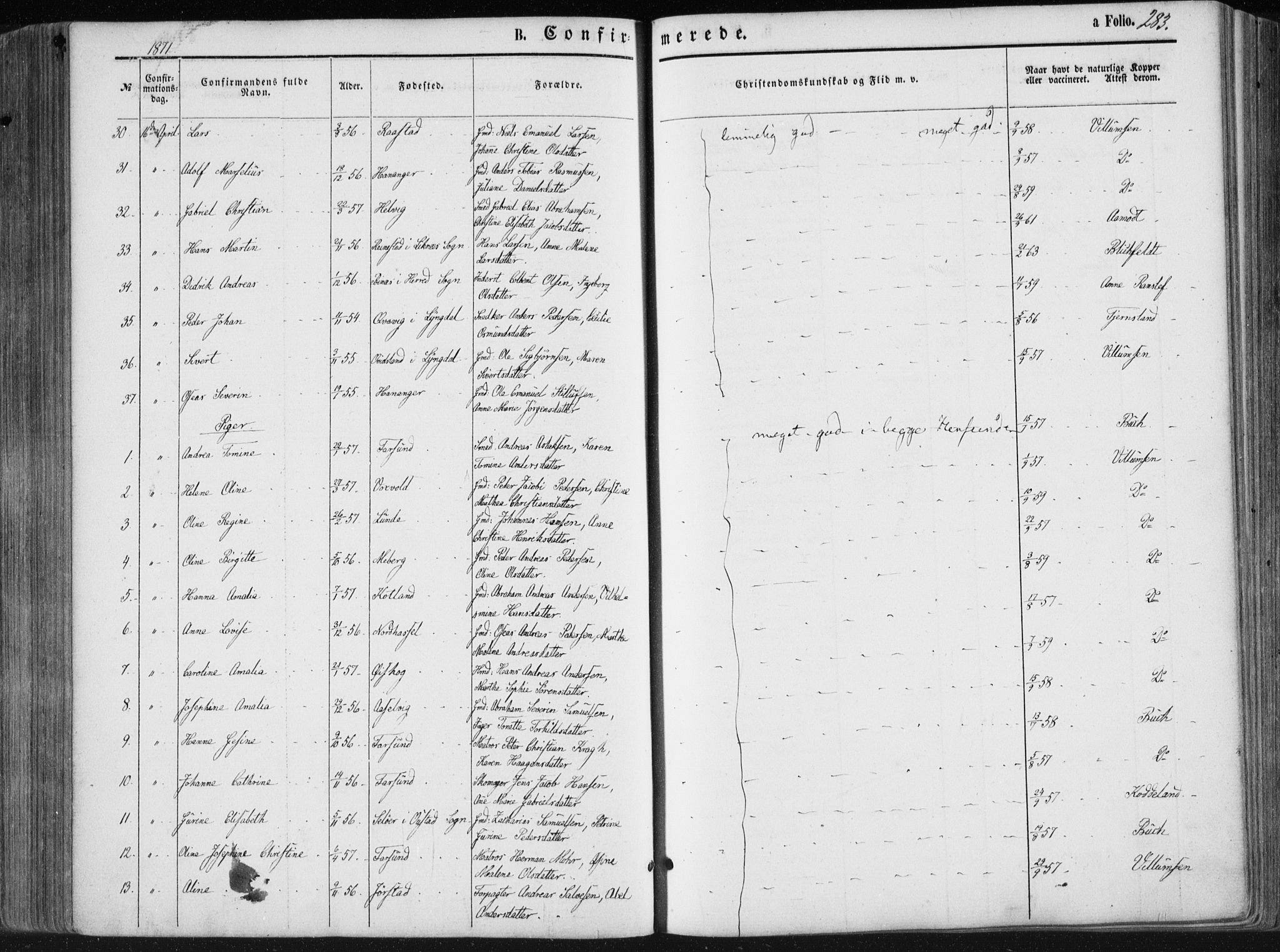 Lista sokneprestkontor, AV/SAK-1111-0027/F/Fa/L0011: Ministerialbok nr. A 11, 1861-1878, s. 283