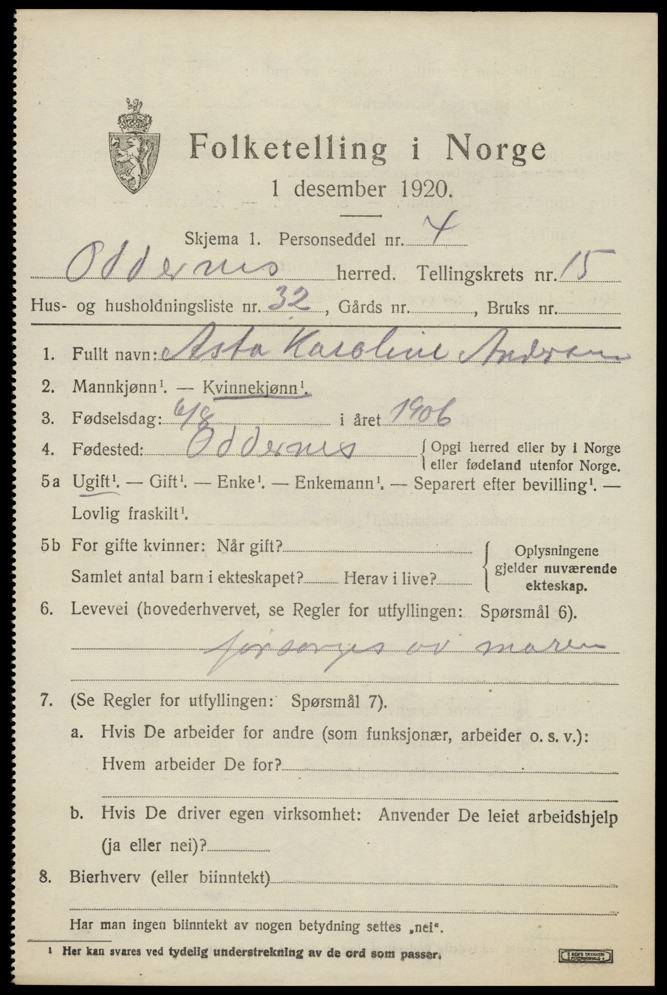 SAK, Folketelling 1920 for 1012 Oddernes herred, 1920, s. 10347