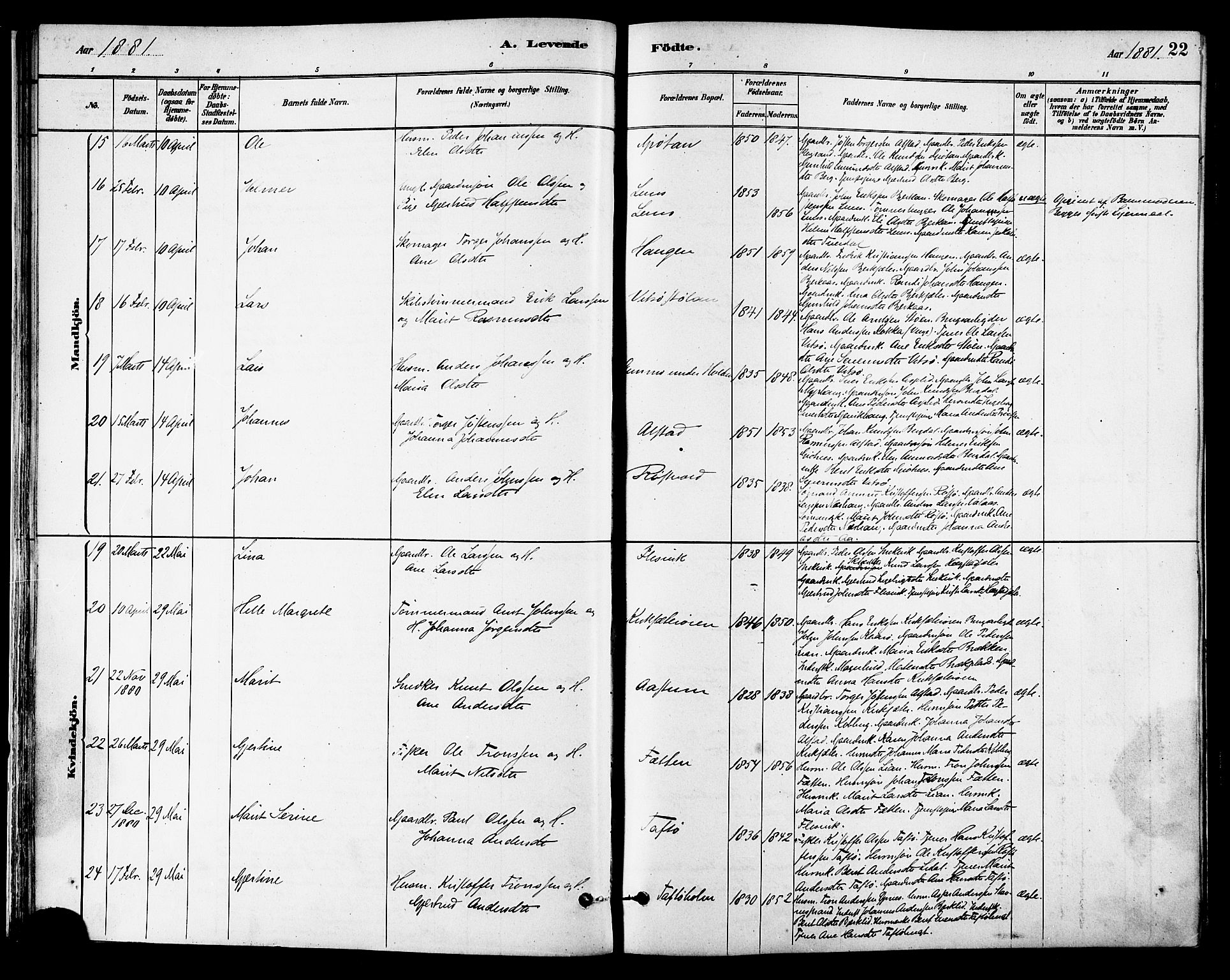Ministerialprotokoller, klokkerbøker og fødselsregistre - Sør-Trøndelag, AV/SAT-A-1456/630/L0496: Ministerialbok nr. 630A09, 1879-1895, s. 22