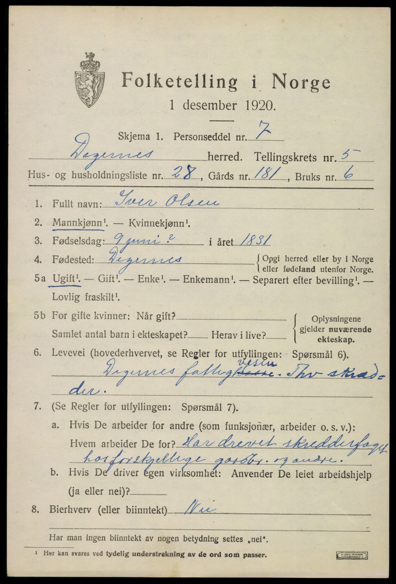 SAO, Folketelling 1920 for 0129 Degernes herred, 1920, s. 3126