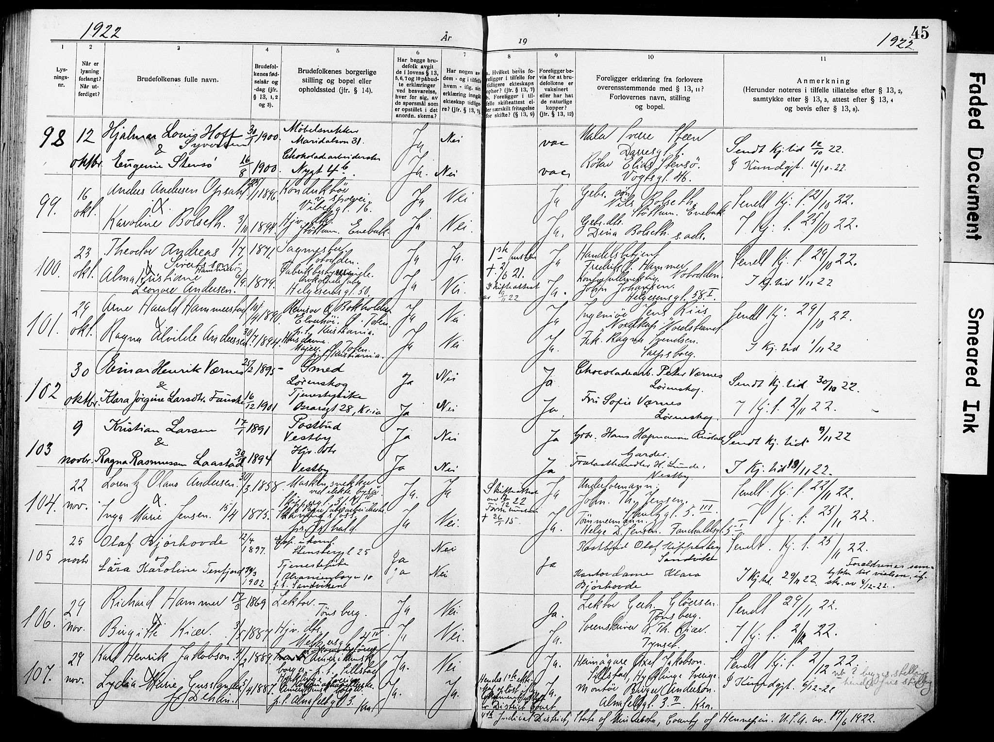 Oslo domkirke Kirkebøker, AV/SAO-A-10752/H/Ha/L0006: Lysningsprotokoll nr. 6, 1919-1928, s. 45