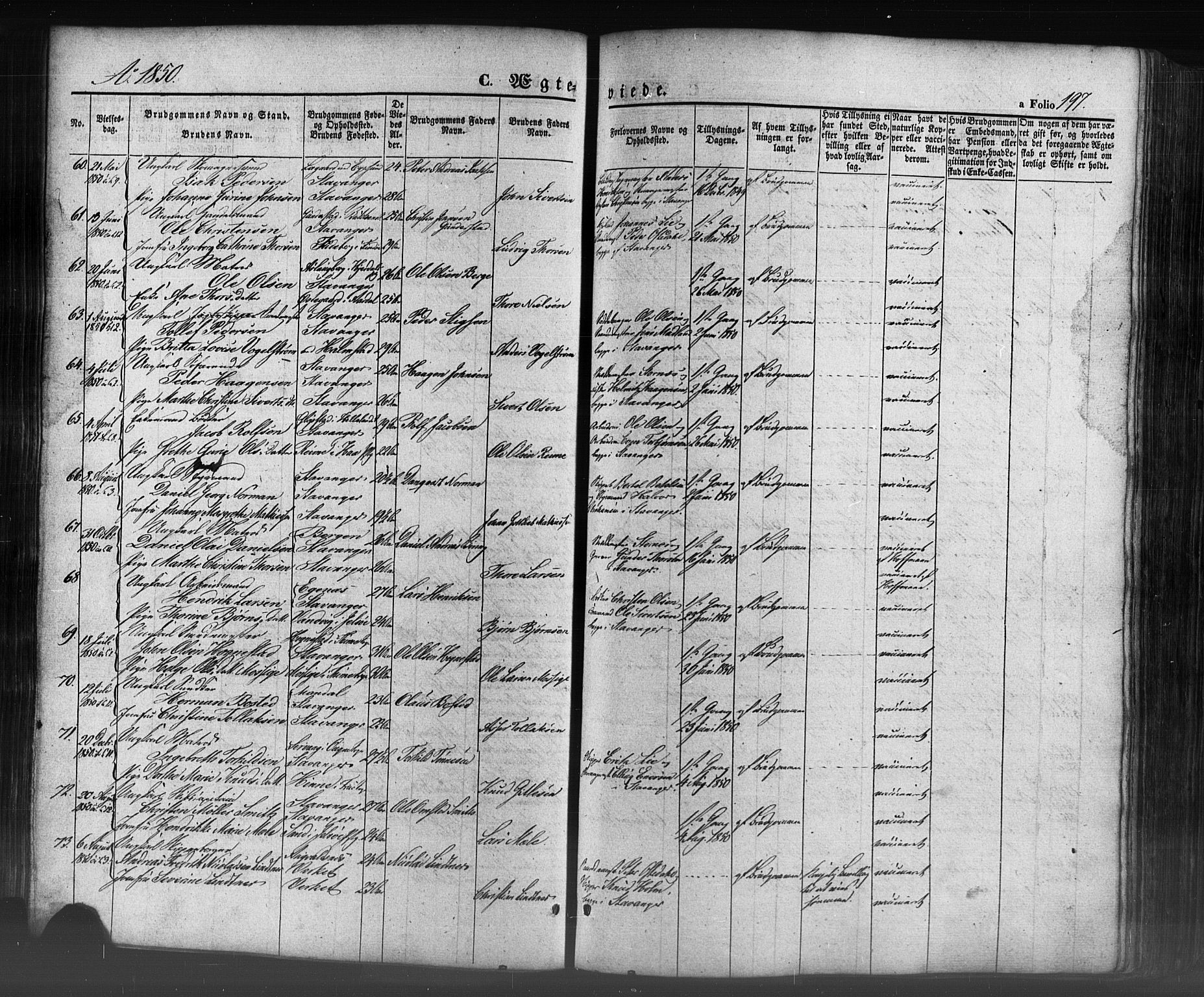 Domkirken sokneprestkontor, AV/SAST-A-101812/001/30/30BB/L0009: Klokkerbok nr. B 9, 1850-1858, s. 197