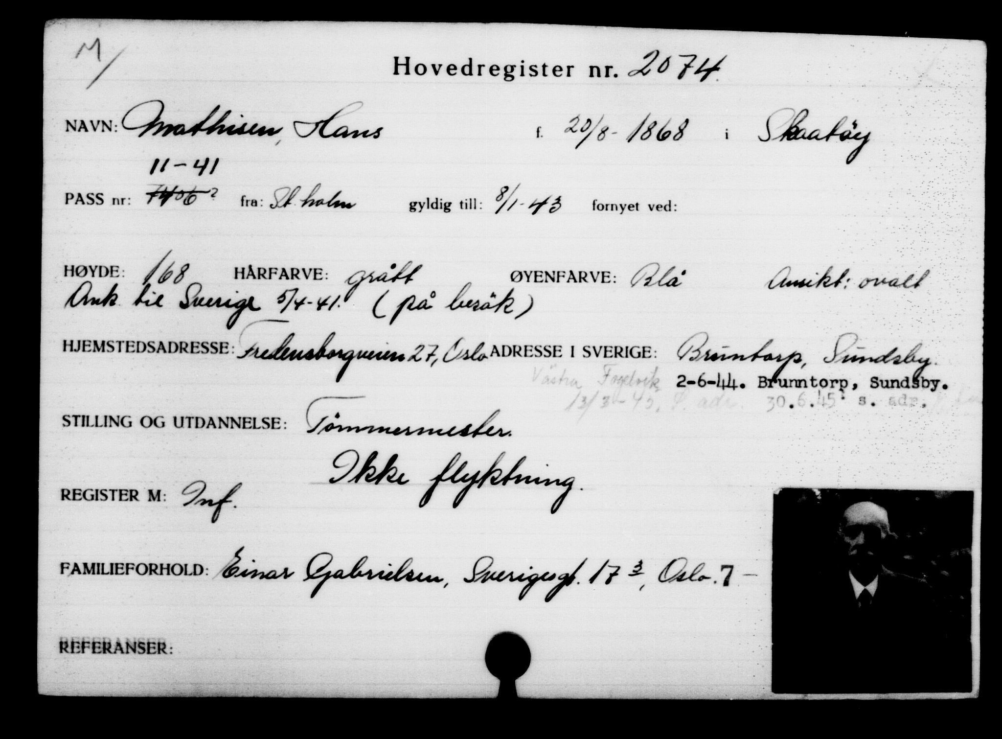 Utenriksstasjonene, Legasjonen i Stockholm, Flyktningkontoret, AV/RA-S-6753/V/Va/L0003: Kjesäterkartoteket, flyktninger med registreringsnr. 2001-3495, 1940-1945, s. 96