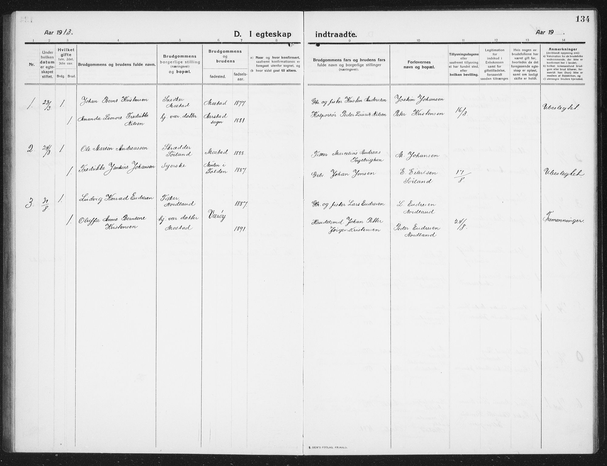 Ministerialprotokoller, klokkerbøker og fødselsregistre - Nordland, SAT/A-1459/807/L0124: Klokkerbok nr. 807C02, 1910-1935, s. 134