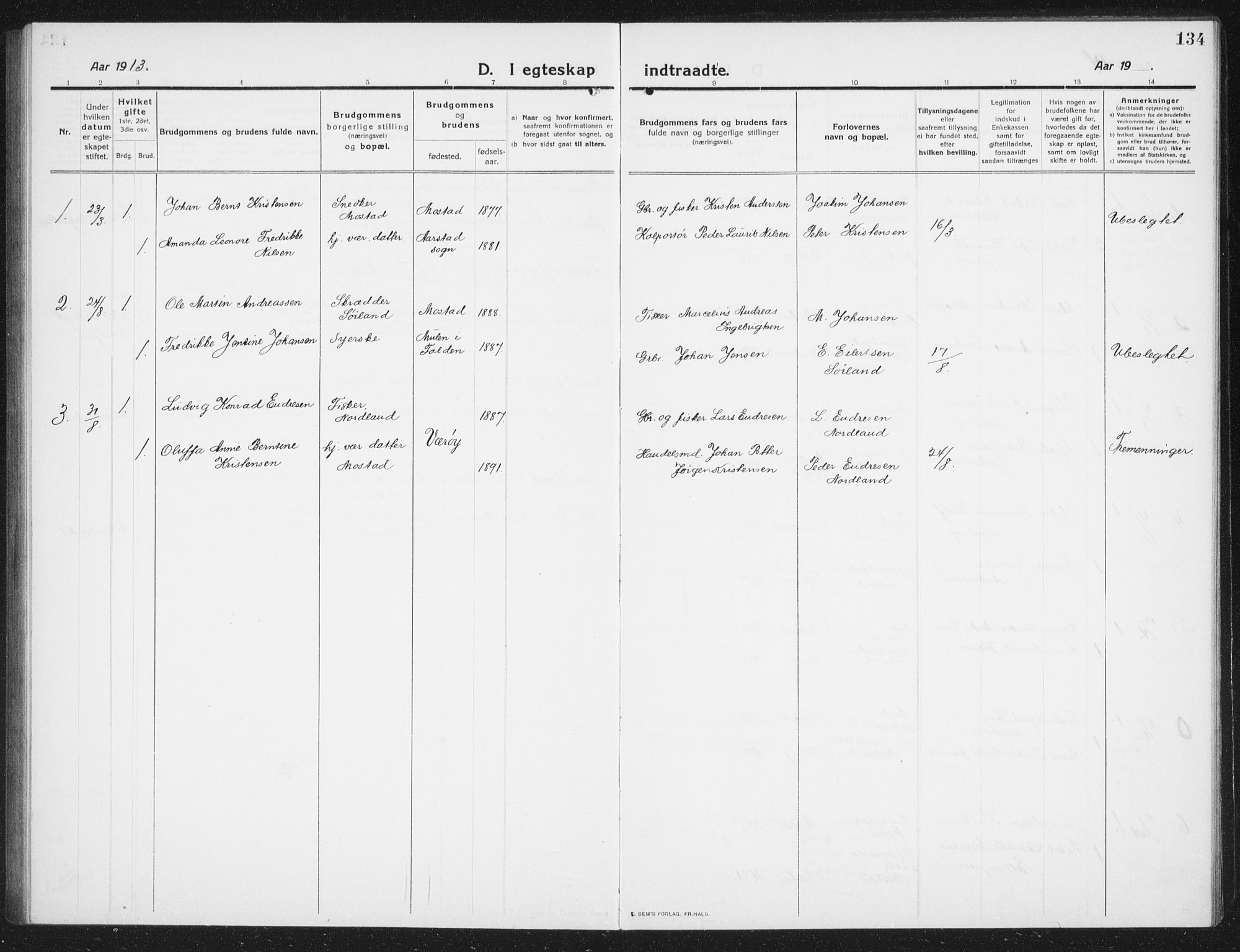 Ministerialprotokoller, klokkerbøker og fødselsregistre - Nordland, AV/SAT-A-1459/807/L0124: Klokkerbok nr. 807C02, 1910-1935, s. 134