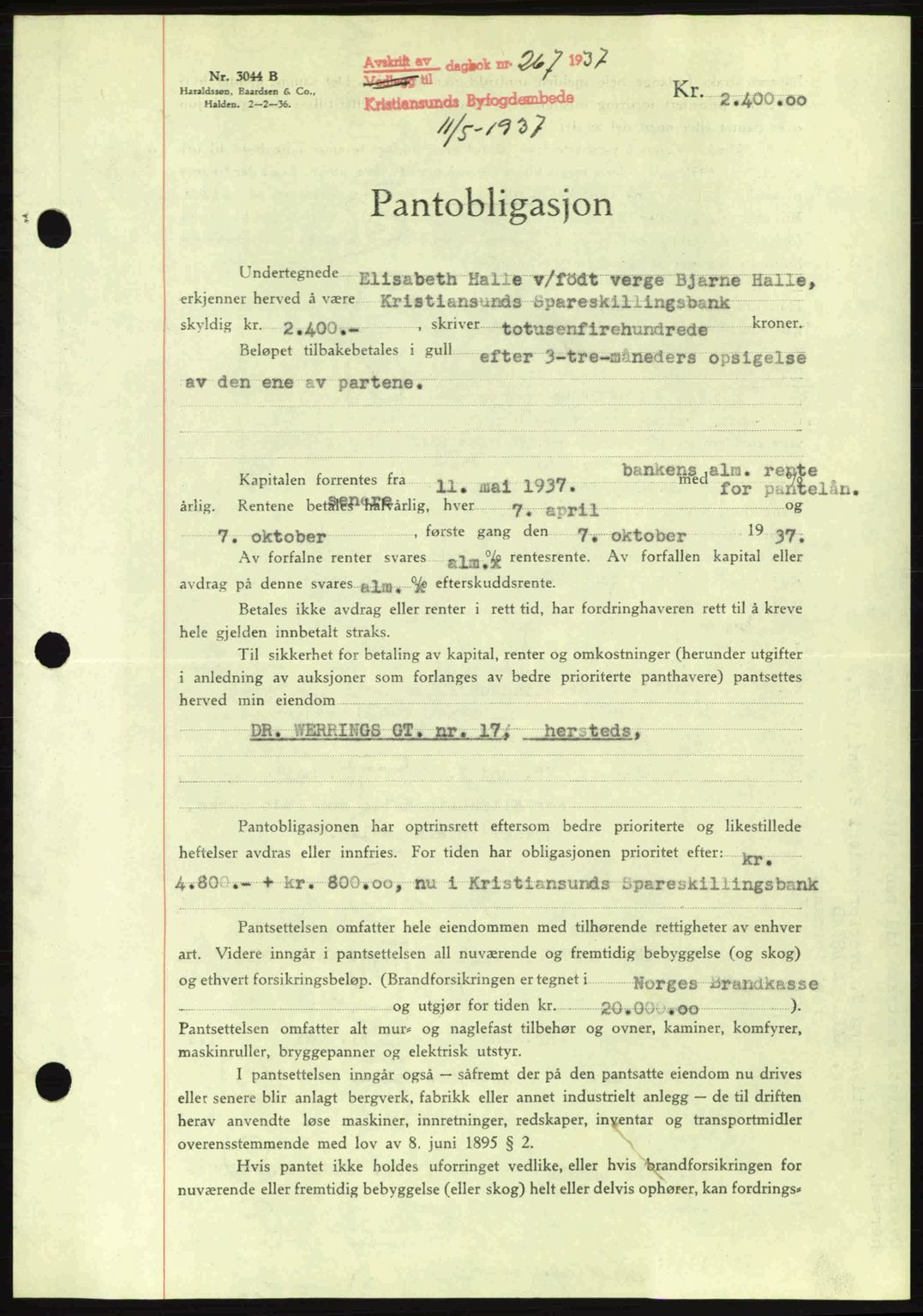 Kristiansund byfogd, AV/SAT-A-4587/A/27: Pantebok nr. 29, 1936-1937, Dagboknr: 267/1937