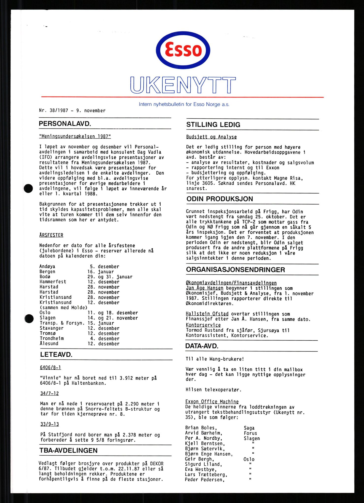 Pa 0982 - Esso Norge A/S, AV/SAST-A-100448/X/Xd/L0003: Ukenytt, 1987-1991