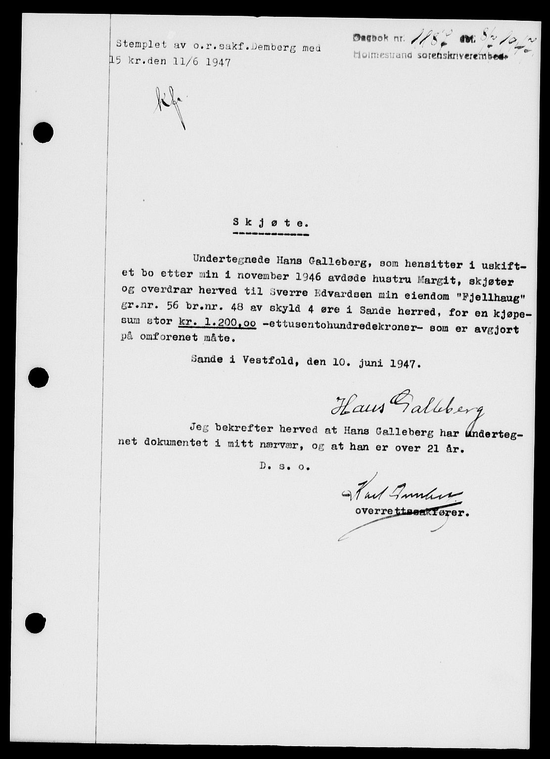 Holmestrand sorenskriveri, SAKO/A-67/G/Ga/Gaa/L0062: Pantebok nr. A-62, 1947-1947, Dagboknr: 1187/1947