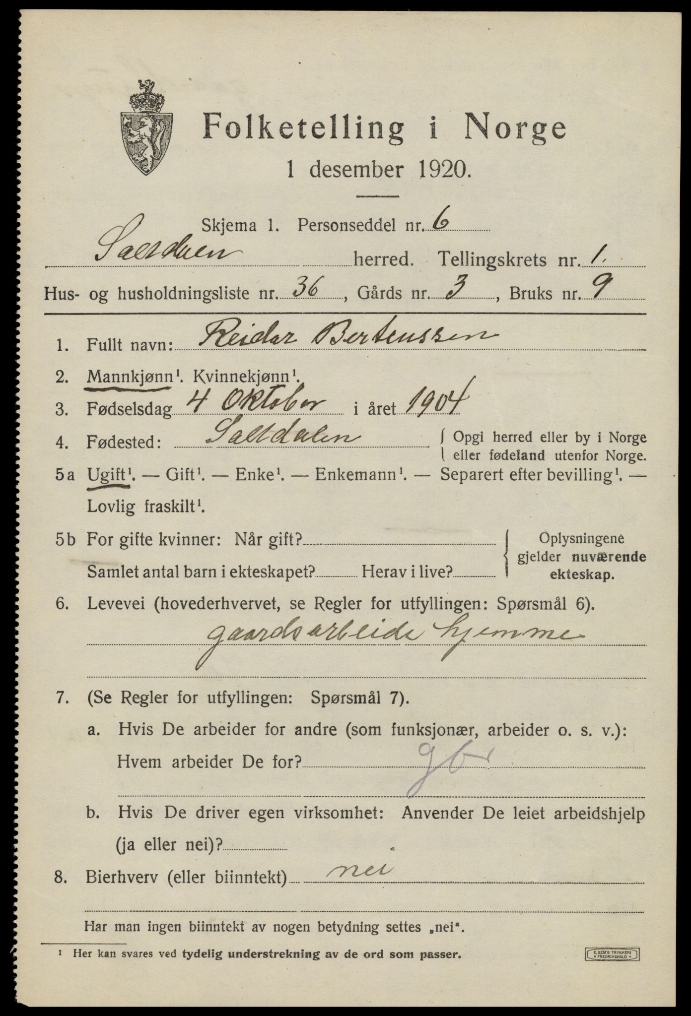 SAT, Folketelling 1920 for 1840 Saltdal herred, 1920, s. 1723