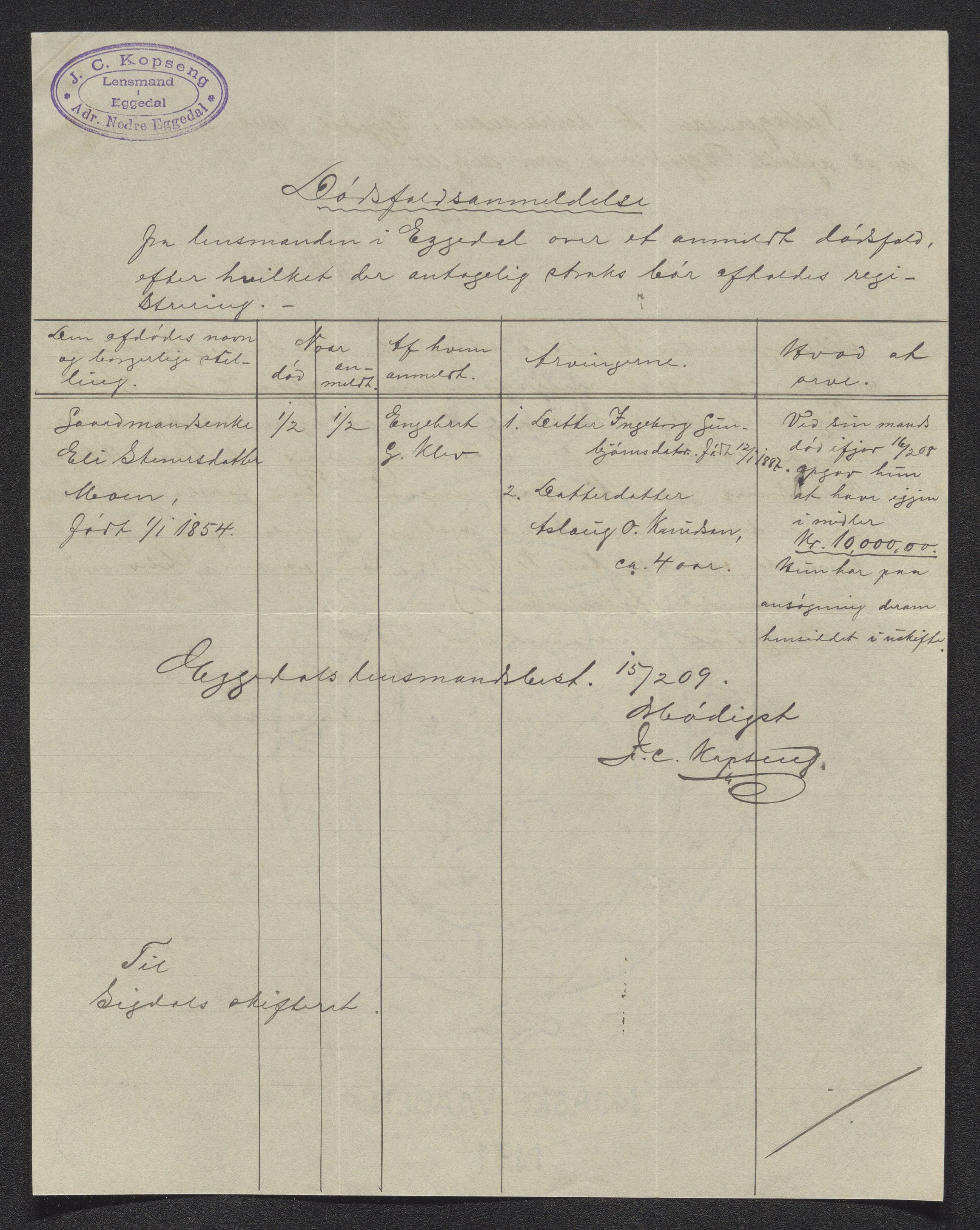 Eiker, Modum og Sigdal sorenskriveri, AV/SAKO-A-123/H/Ha/Hab/L0033: Dødsfallsmeldinger, 1909-1910, s. 385