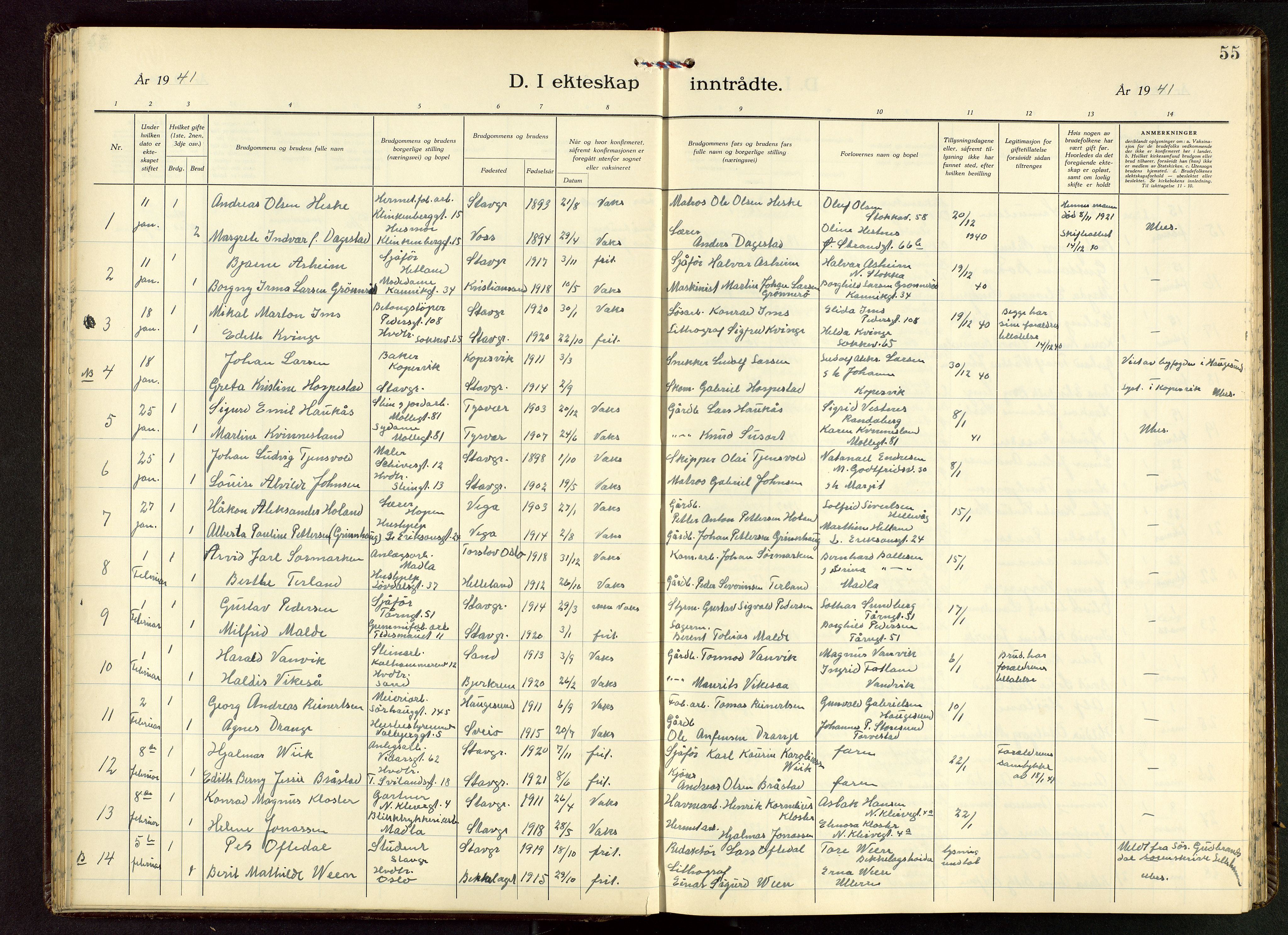 Domkirken sokneprestkontor, SAST/A-101812/001/30/30BB/L0022: Klokkerbok nr. B 22, 1937-1949, s. 55