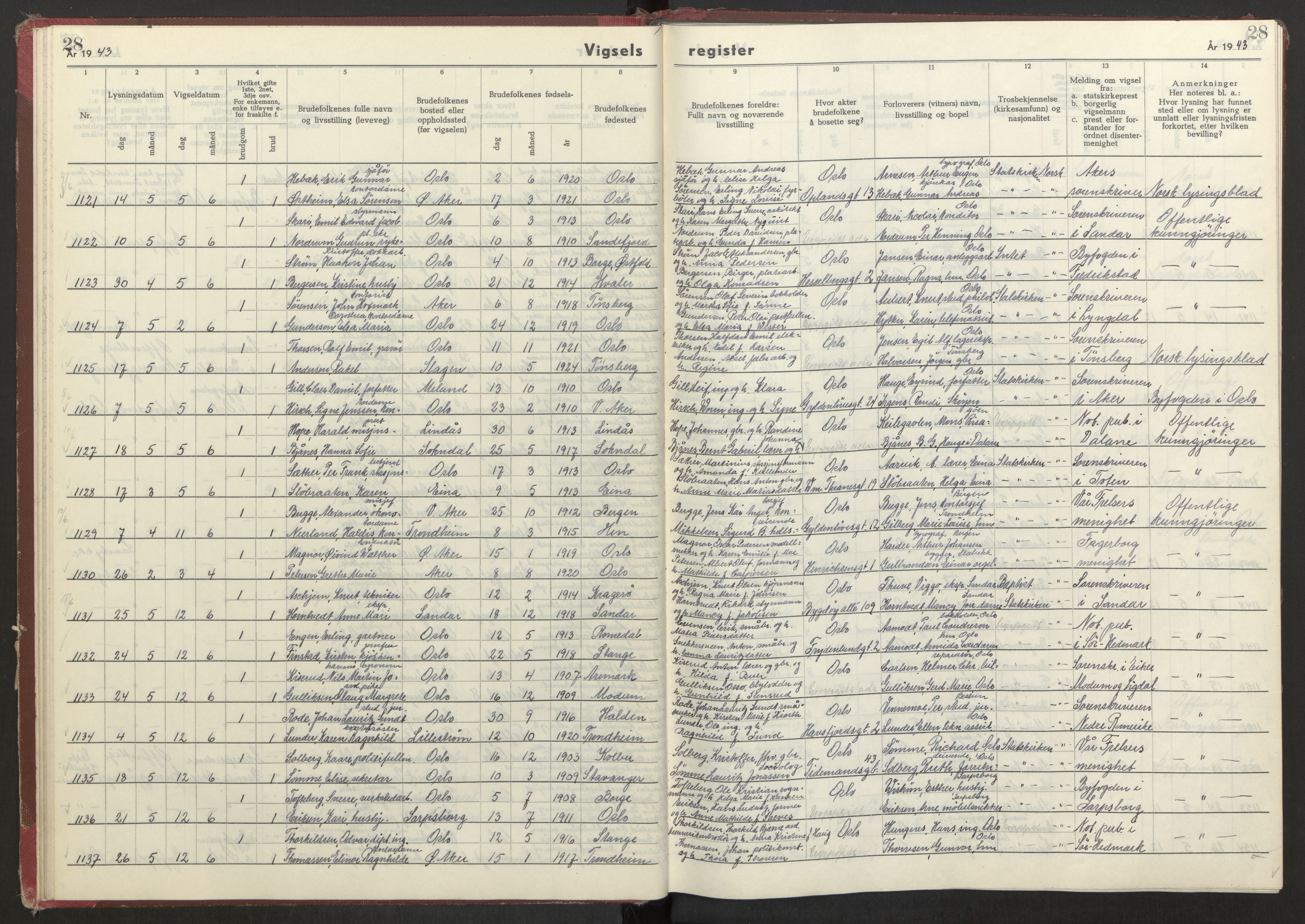 Oslo folkeregister, AV/SAO-A-10991/G/Ga/L0004: Vigselsregister for Oslo, 1943-1944, s. 28