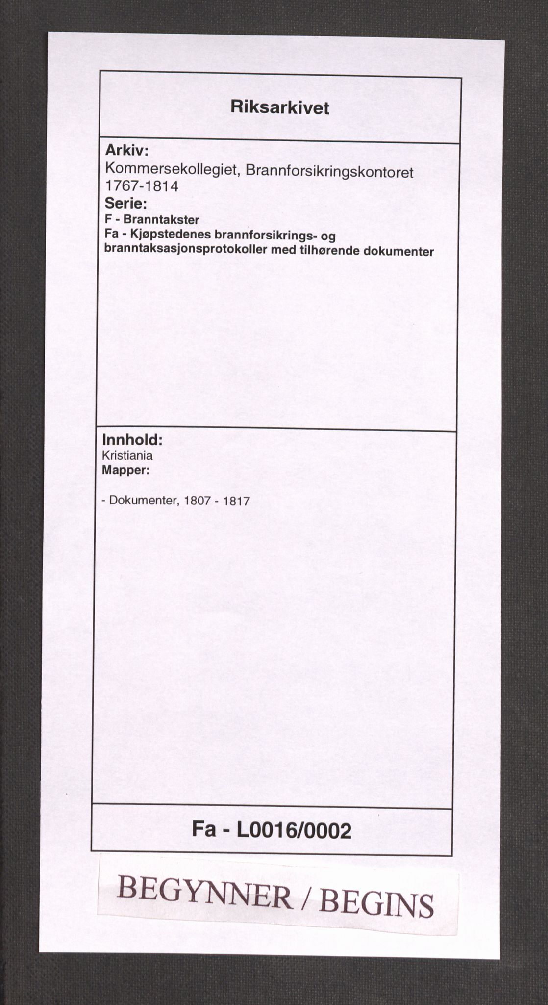 Kommersekollegiet, Brannforsikringskontoret 1767-1814, AV/RA-EA-5458/F/Fa/L0016/0002: Kristiania / Dokumenter, 1807-1817