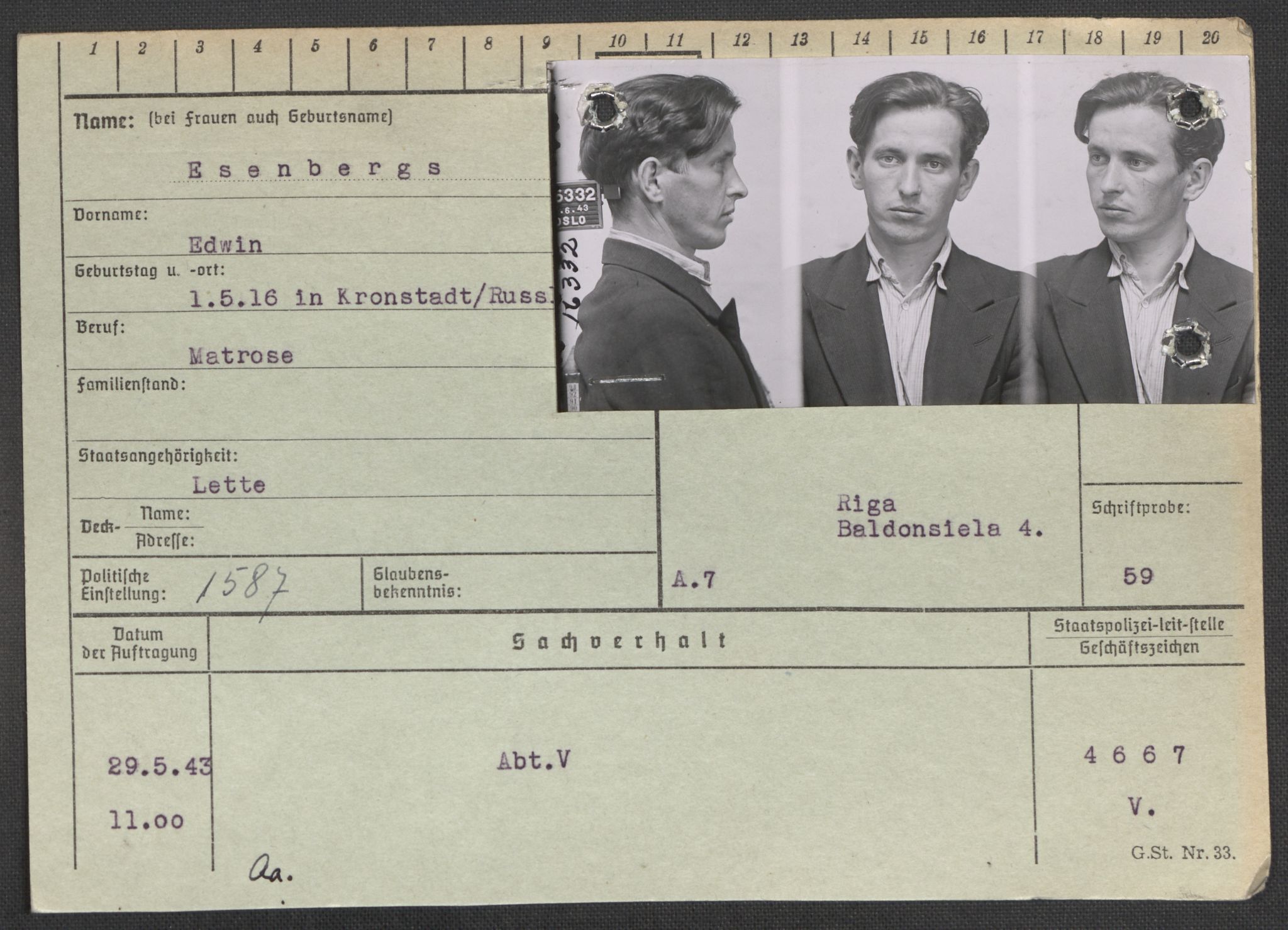 Befehlshaber der Sicherheitspolizei und des SD, RA/RAFA-5969/E/Ea/Eaa/L0003: Register over norske fanger i Møllergata 19: Eng-Hag, 1940-1945, s. 160