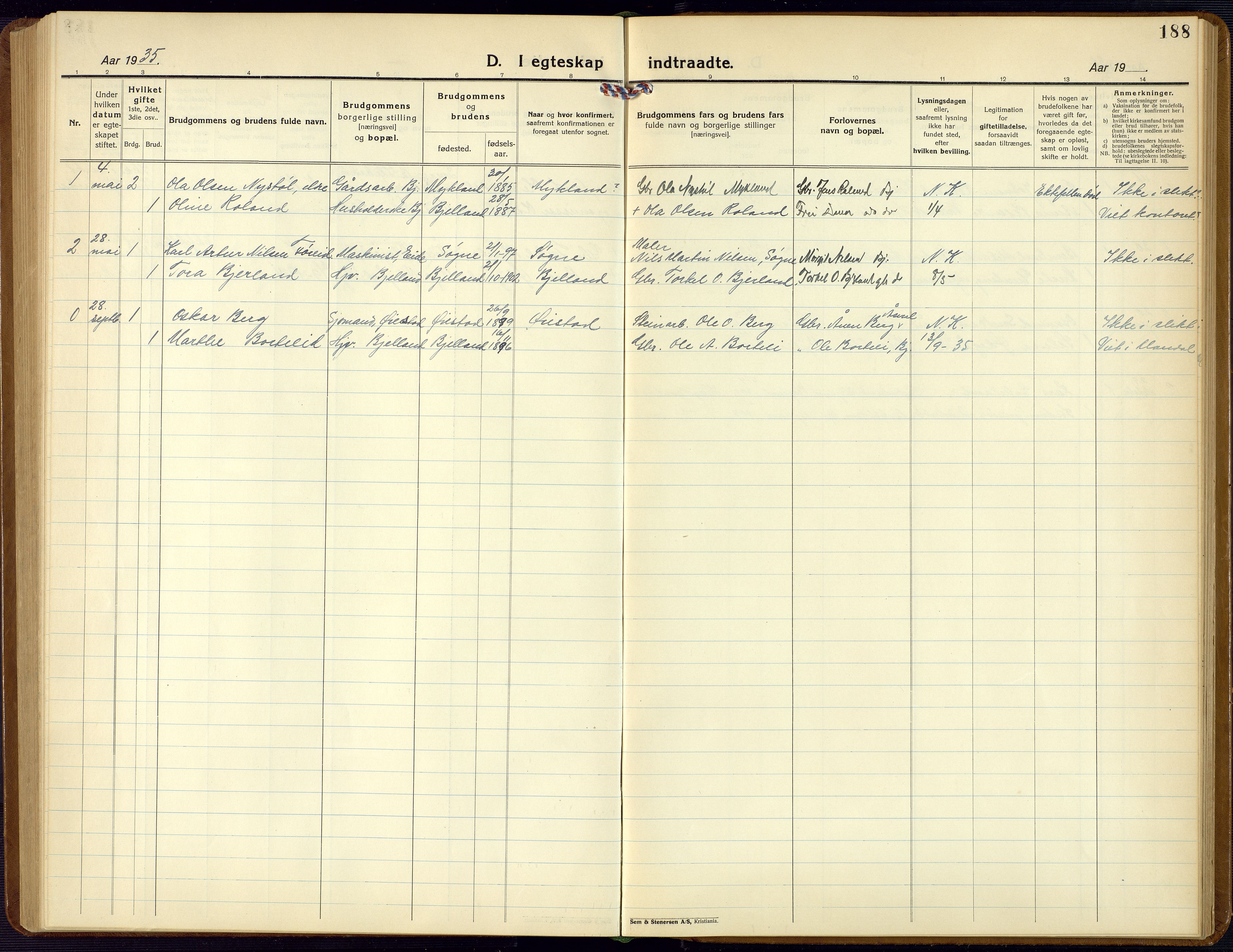 Bjelland sokneprestkontor, AV/SAK-1111-0005/F/Fb/Fba/L0006: Klokkerbok nr. B 6, 1923-1956, s. 188