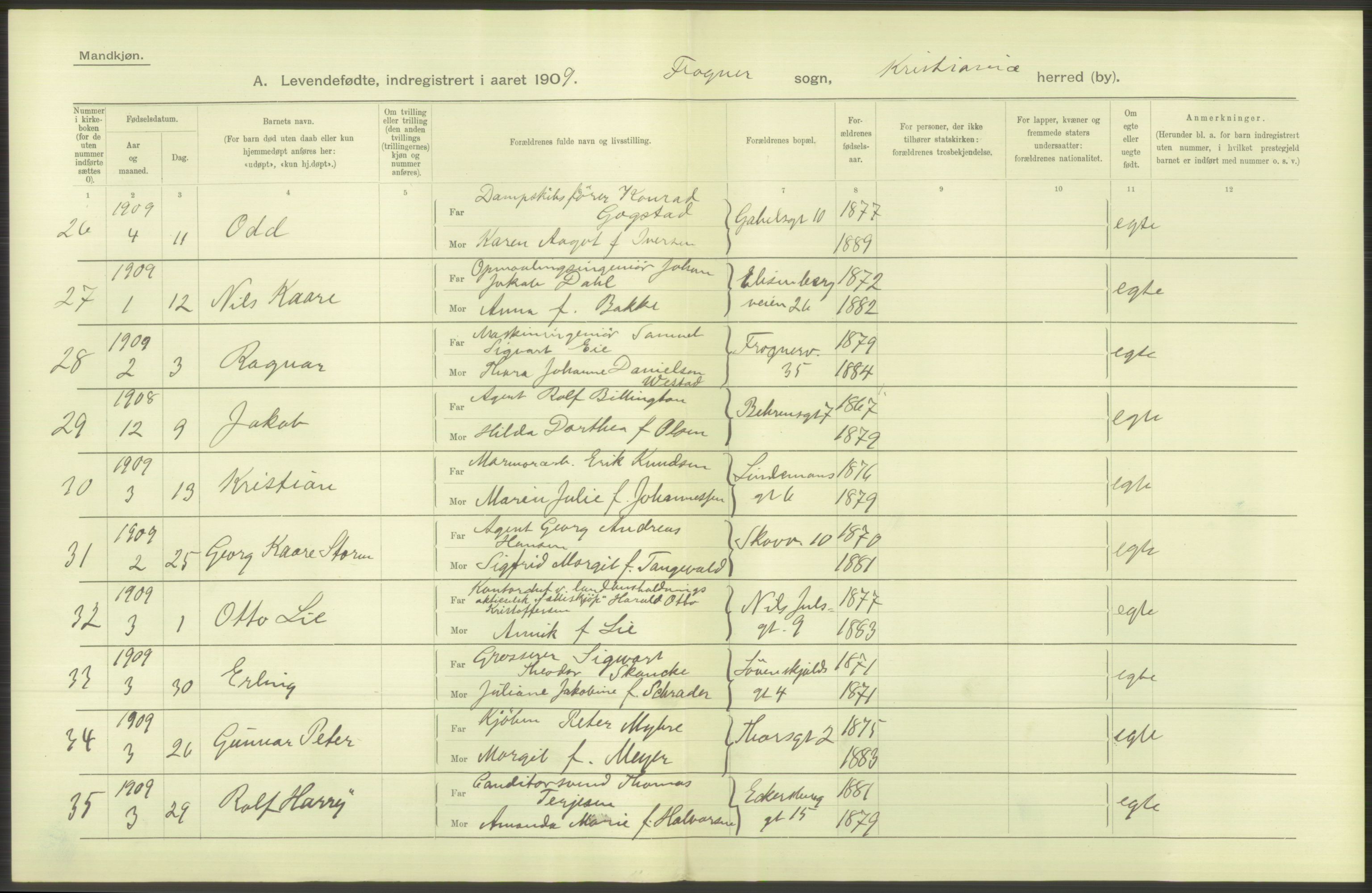 Statistisk sentralbyrå, Sosiodemografiske emner, Befolkning, RA/S-2228/D/Df/Dfa/Dfag/L0007: Kristiania: Levendefødte menn og kvinner., 1909, s. 344