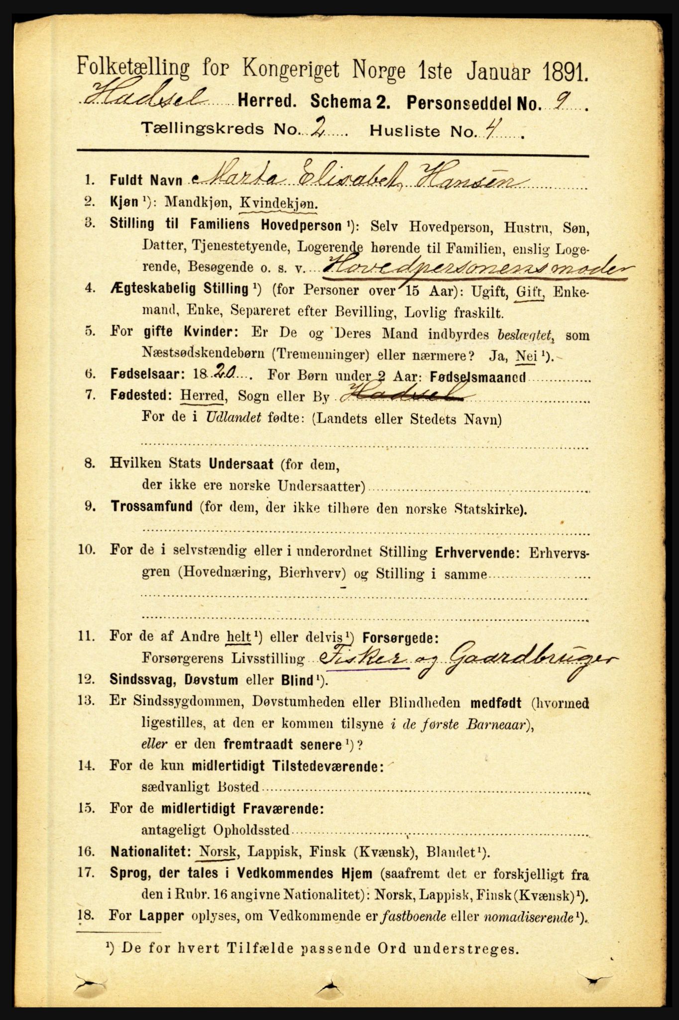 RA, Folketelling 1891 for 1866 Hadsel herred, 1891, s. 689