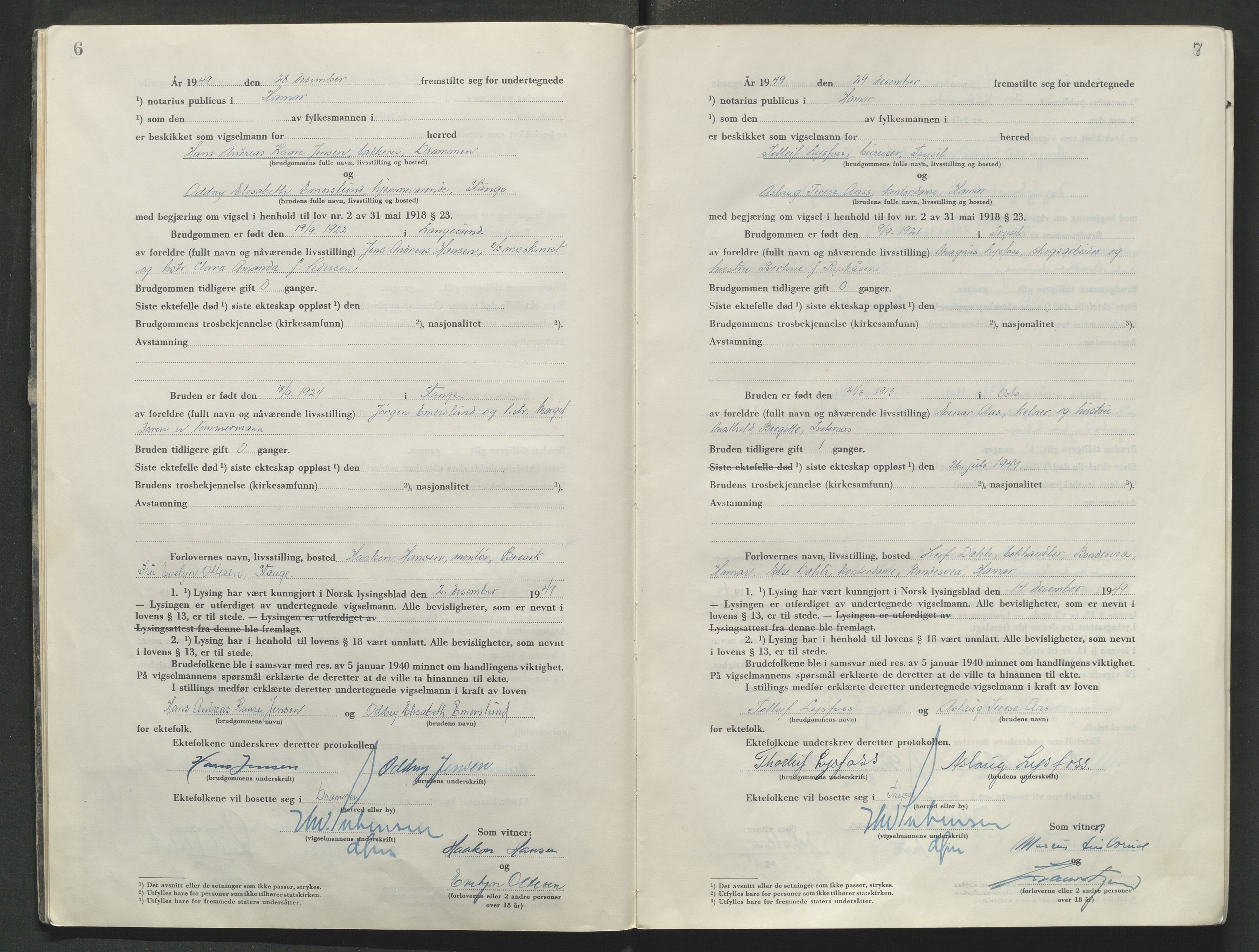 Sør-Hedmark sorenskriveri, AV/SAH-TING-014/L/Le/L0002/0003: Vigselsbøker / Vigselbok, 1949-1954, s. 6-7