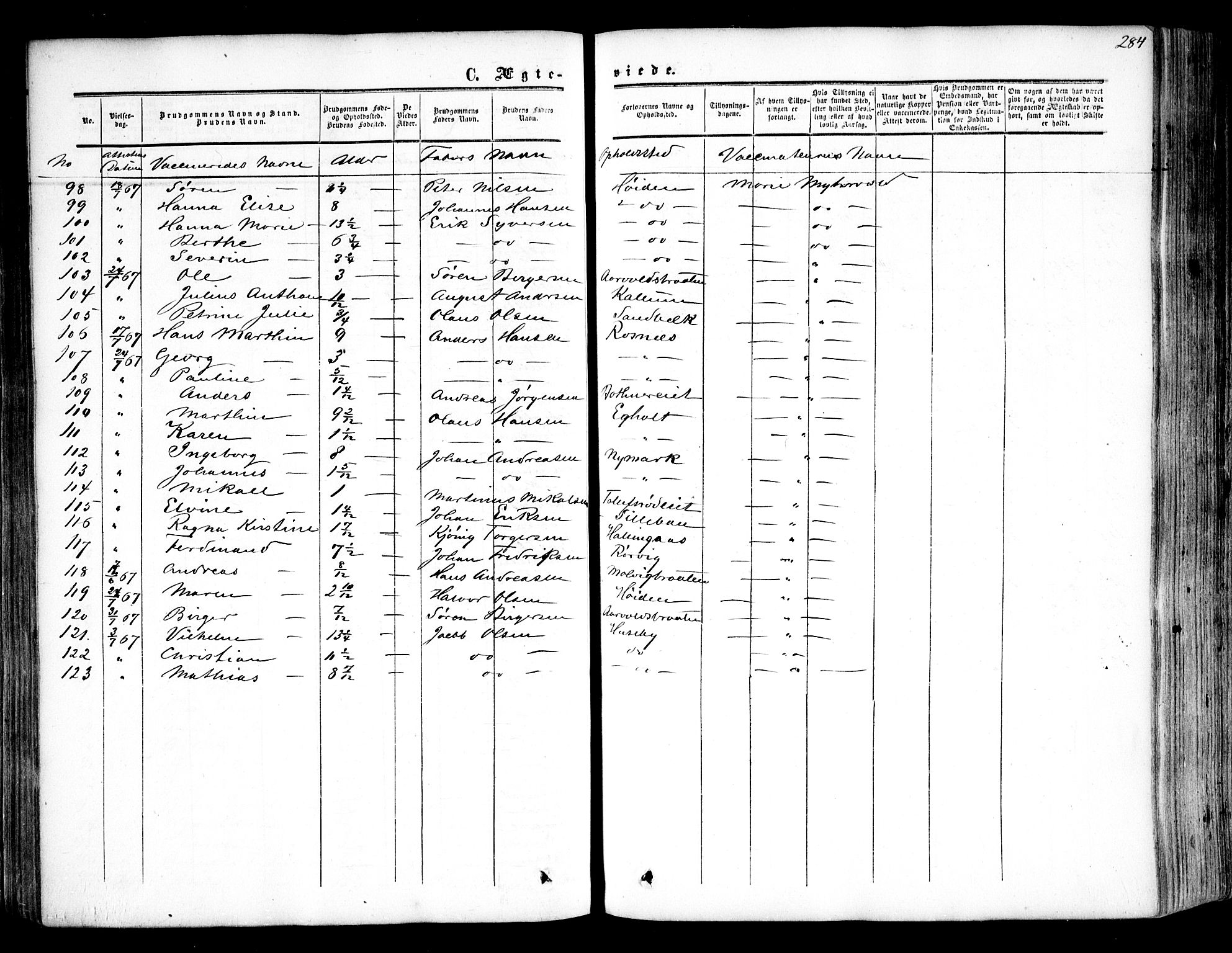 Rygge prestekontor Kirkebøker, AV/SAO-A-10084b/F/Fa/L0005: Ministerialbok nr. 5, 1852-1871, s. 284