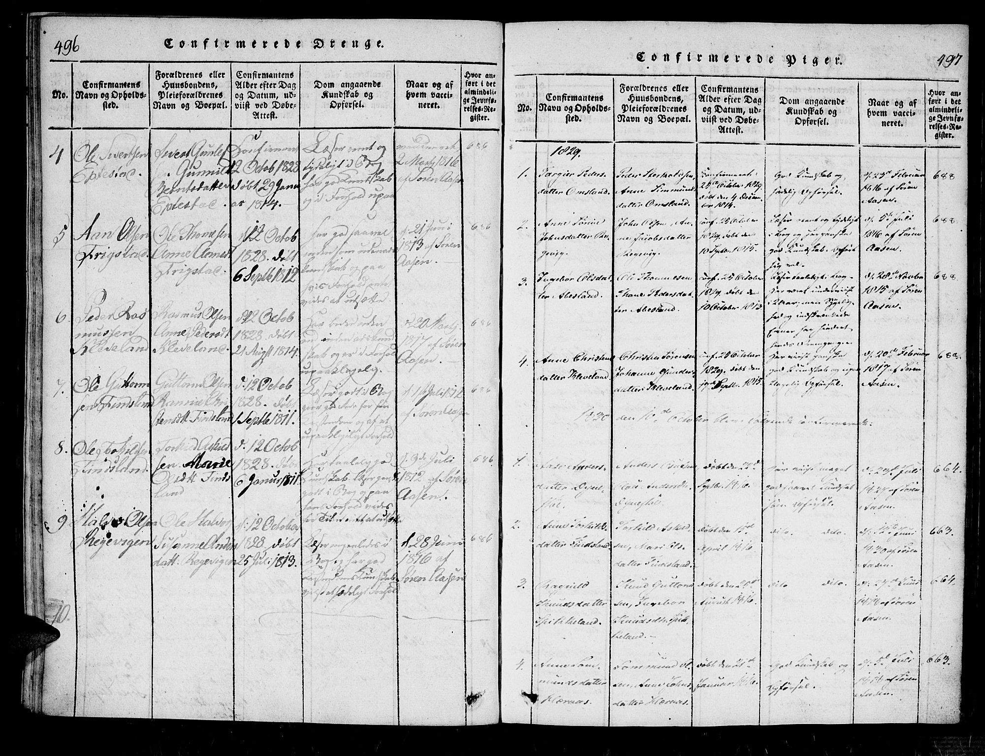 Bjelland sokneprestkontor, SAK/1111-0005/F/Fa/Fab/L0002: Ministerialbok nr. A 2, 1816-1869, s. 496-497