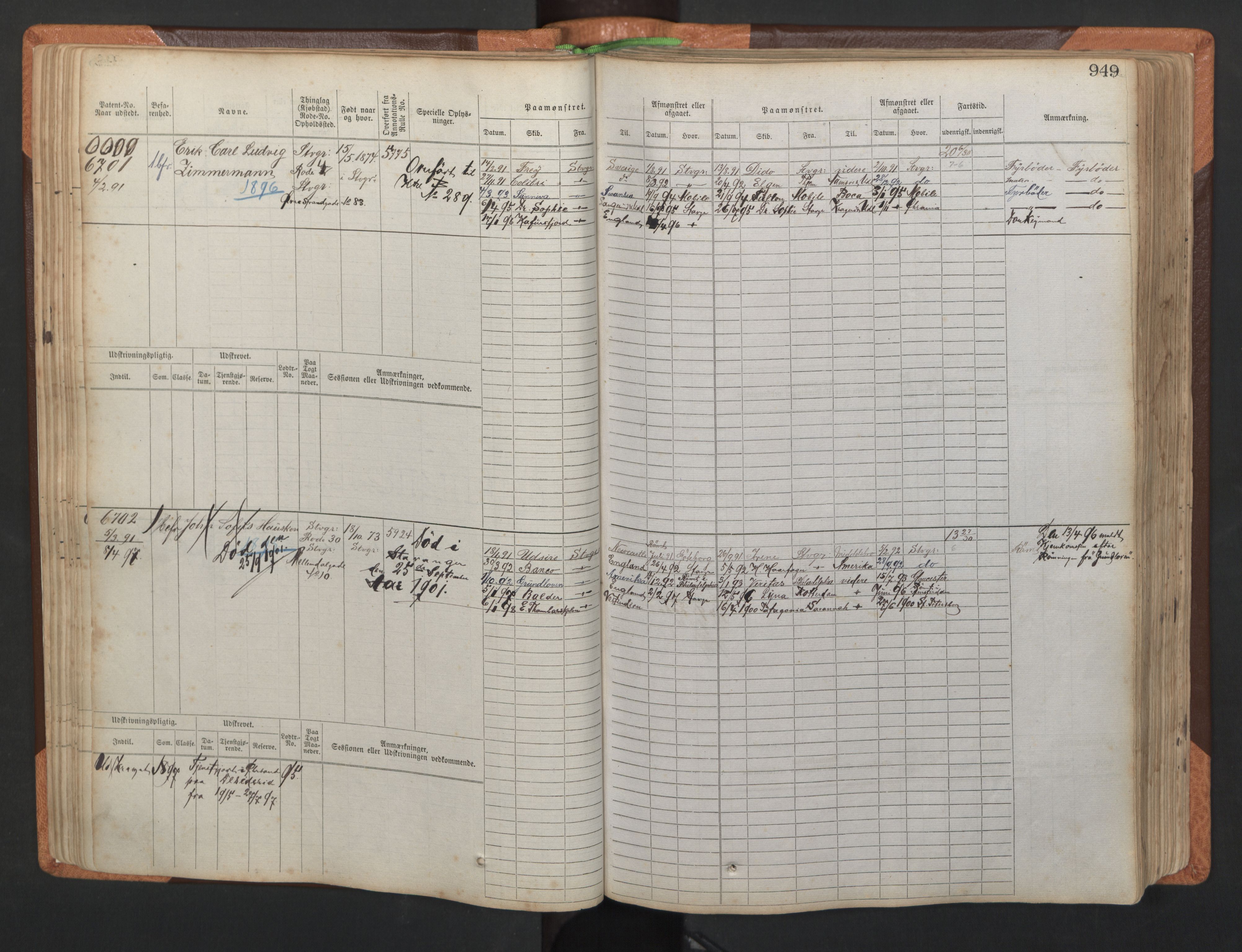 Stavanger sjømannskontor, AV/SAST-A-102006/F/Fb/Fbb/L0011: Sjøfartshovedrulle, patentnr. 6607-7206 (del 2), 1887-1896, s. 52