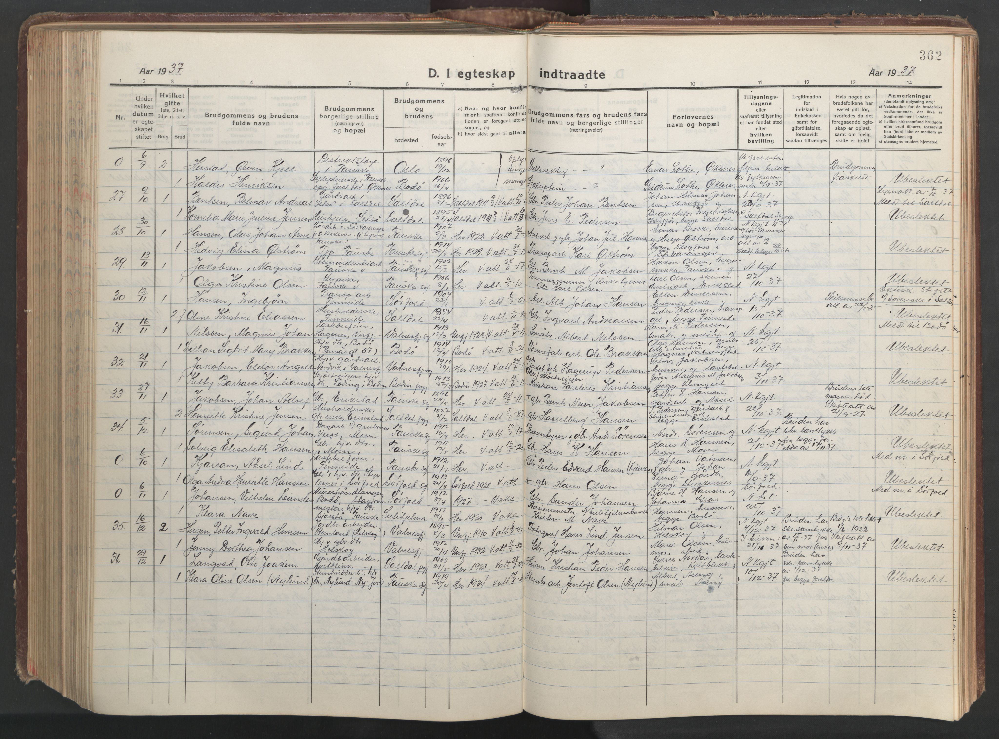 Ministerialprotokoller, klokkerbøker og fødselsregistre - Nordland, AV/SAT-A-1459/849/L0700: Klokkerbok nr. 849C01, 1919-1946, s. 362