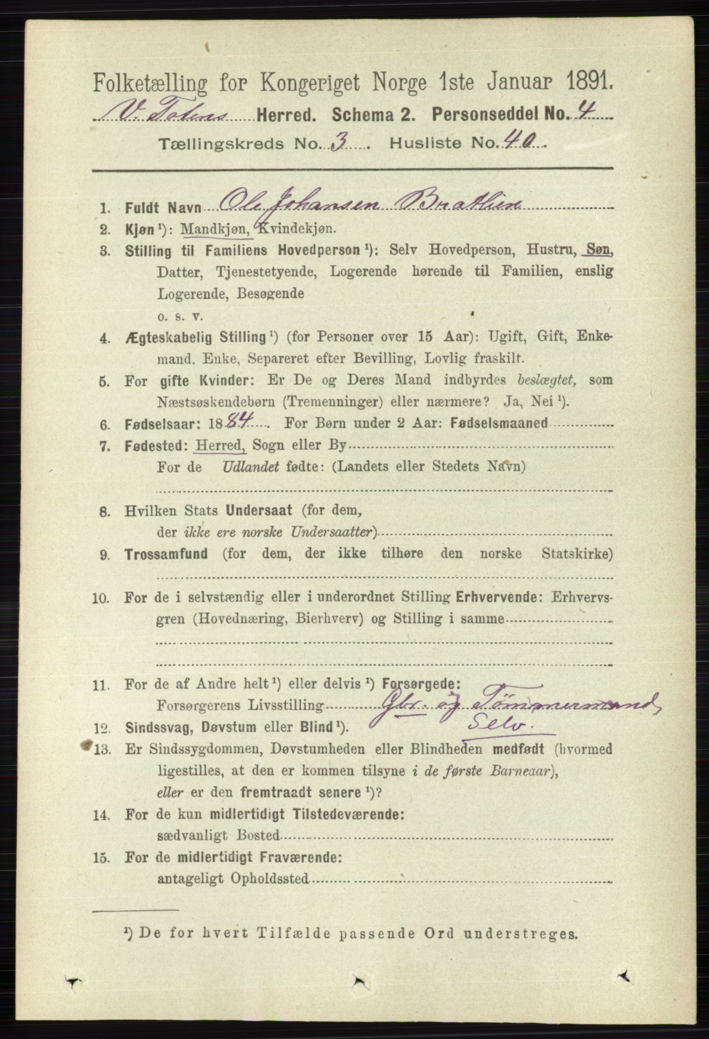 RA, Folketelling 1891 for 0529 Vestre Toten herred, 1891, s. 2198