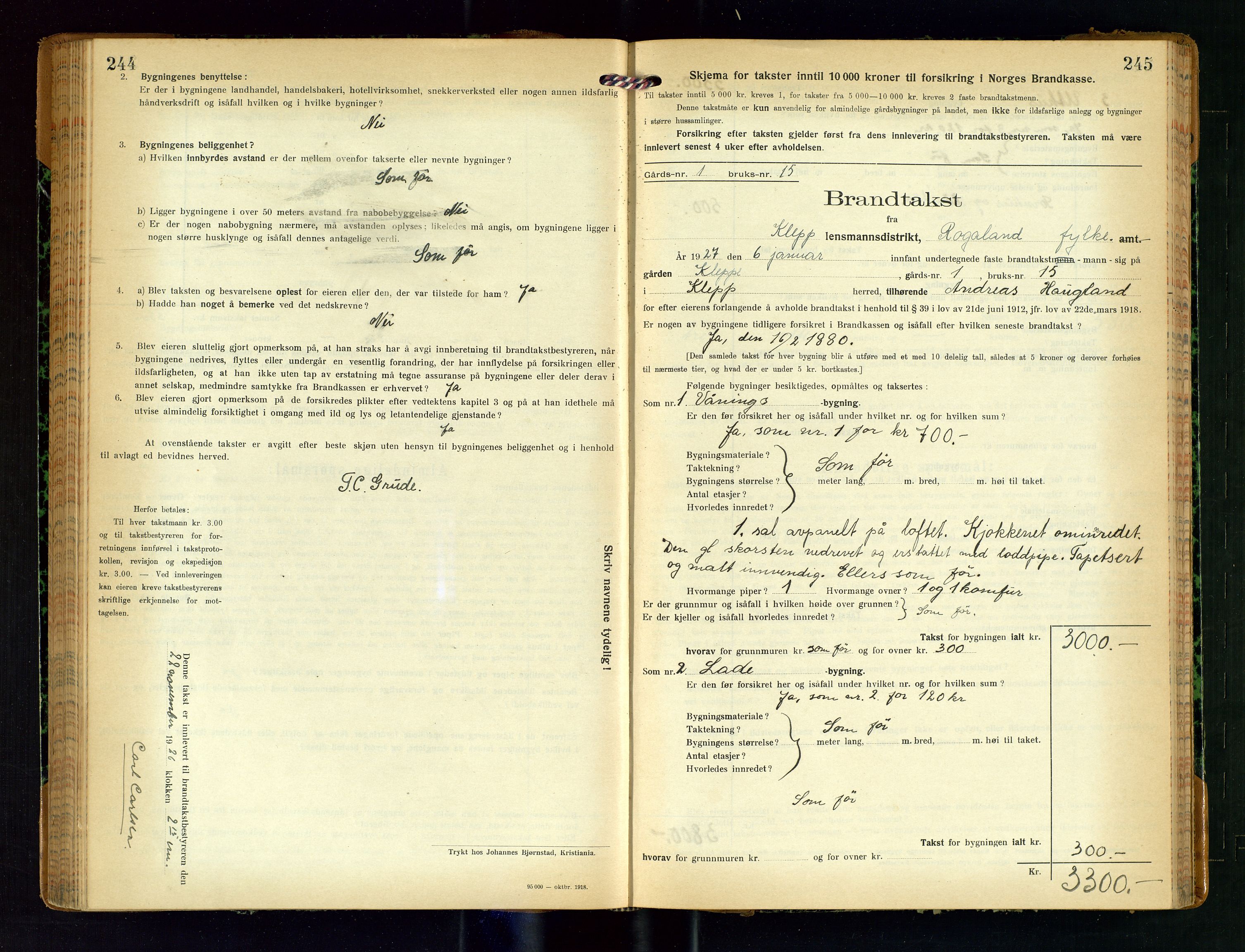 Klepp lensmannskontor, AV/SAST-A-100163/Goc/L0011: "Brandtakstprotokoll" m/register, 1924-1929, s. 244-245