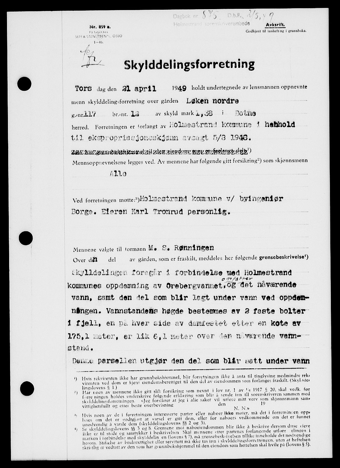 Holmestrand sorenskriveri, SAKO/A-67/G/Ga/Gaa/L0066: Pantebok nr. A-66, 1949-1949, Dagboknr: 875/1949