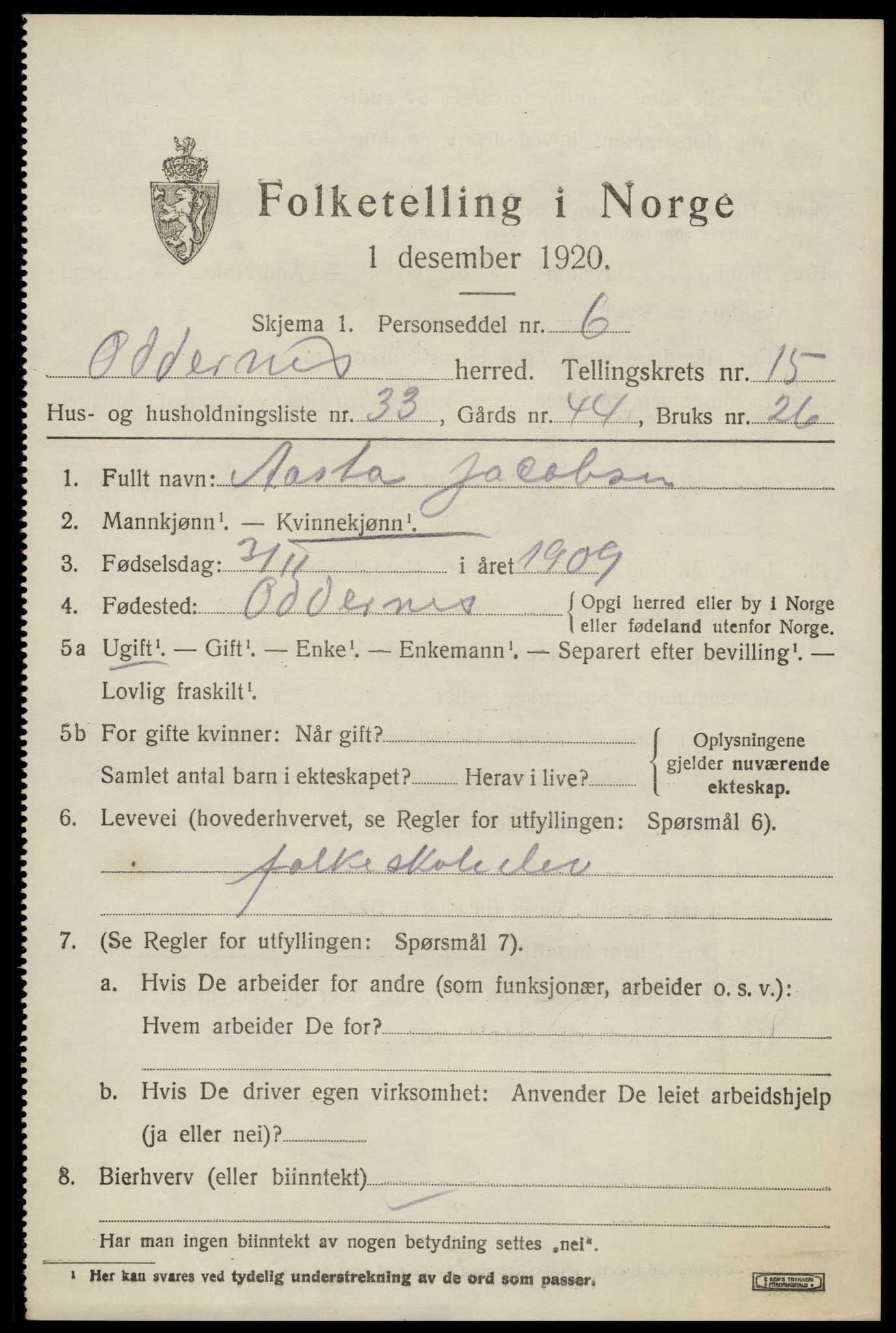 SAK, Folketelling 1920 for 1012 Oddernes herred, 1920, s. 10363