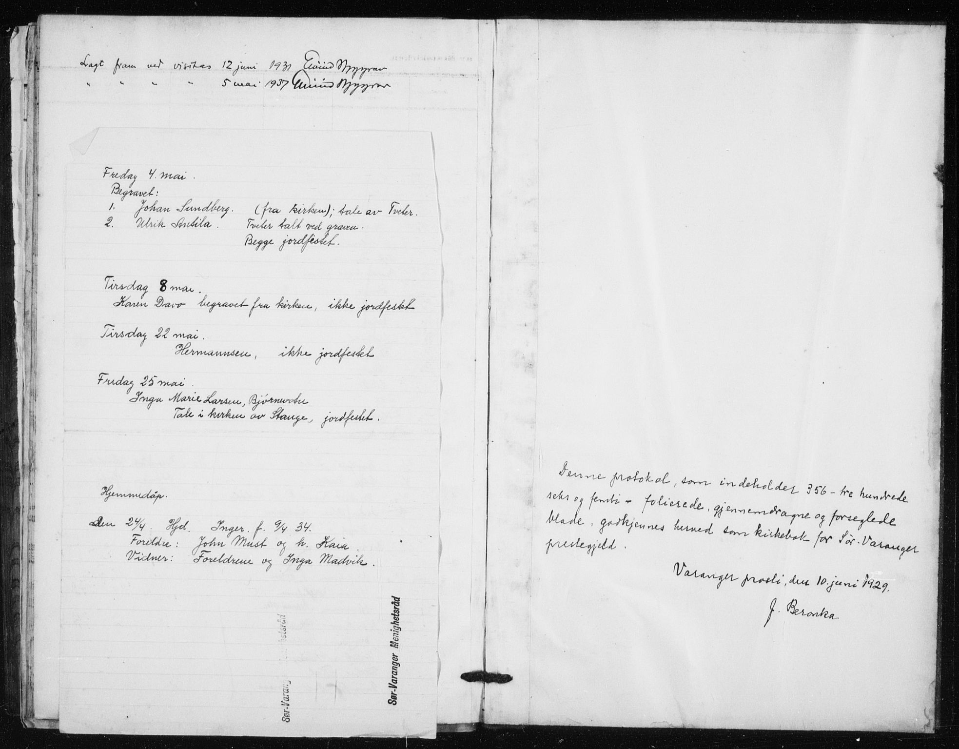 Sør-Varanger sokneprestkontor, AV/SATØ-S-1331/H/Hb/L0006klokker: Klokkerbok nr. 6, 1929-1938