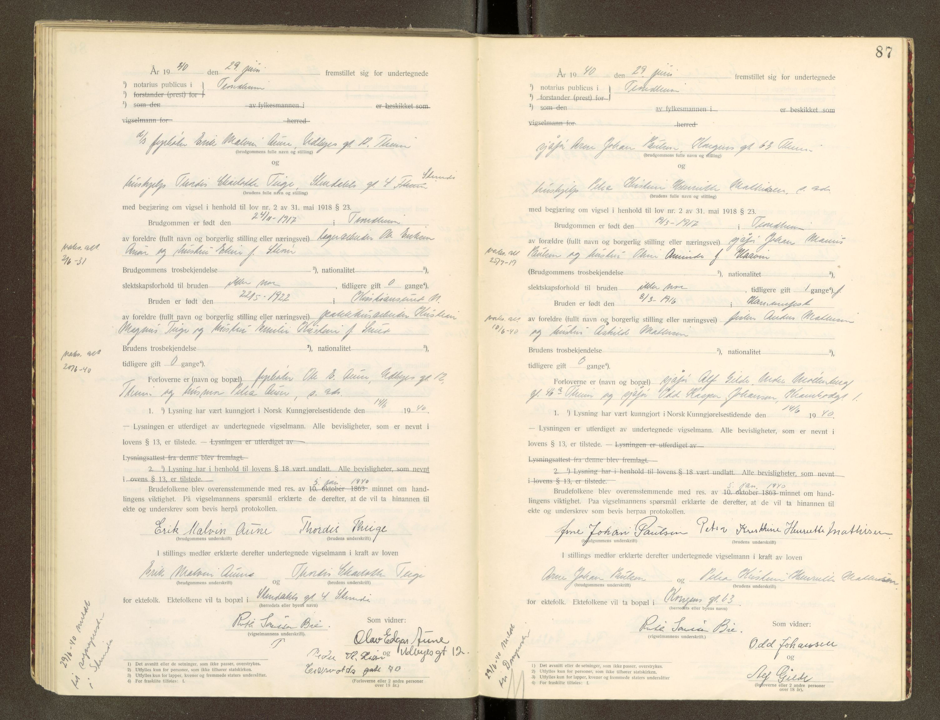 Trondheim byfogd, AV/SAT-A-0003/1/6/6D/L0002: Vigselbøker, 1937-1942, s. 87