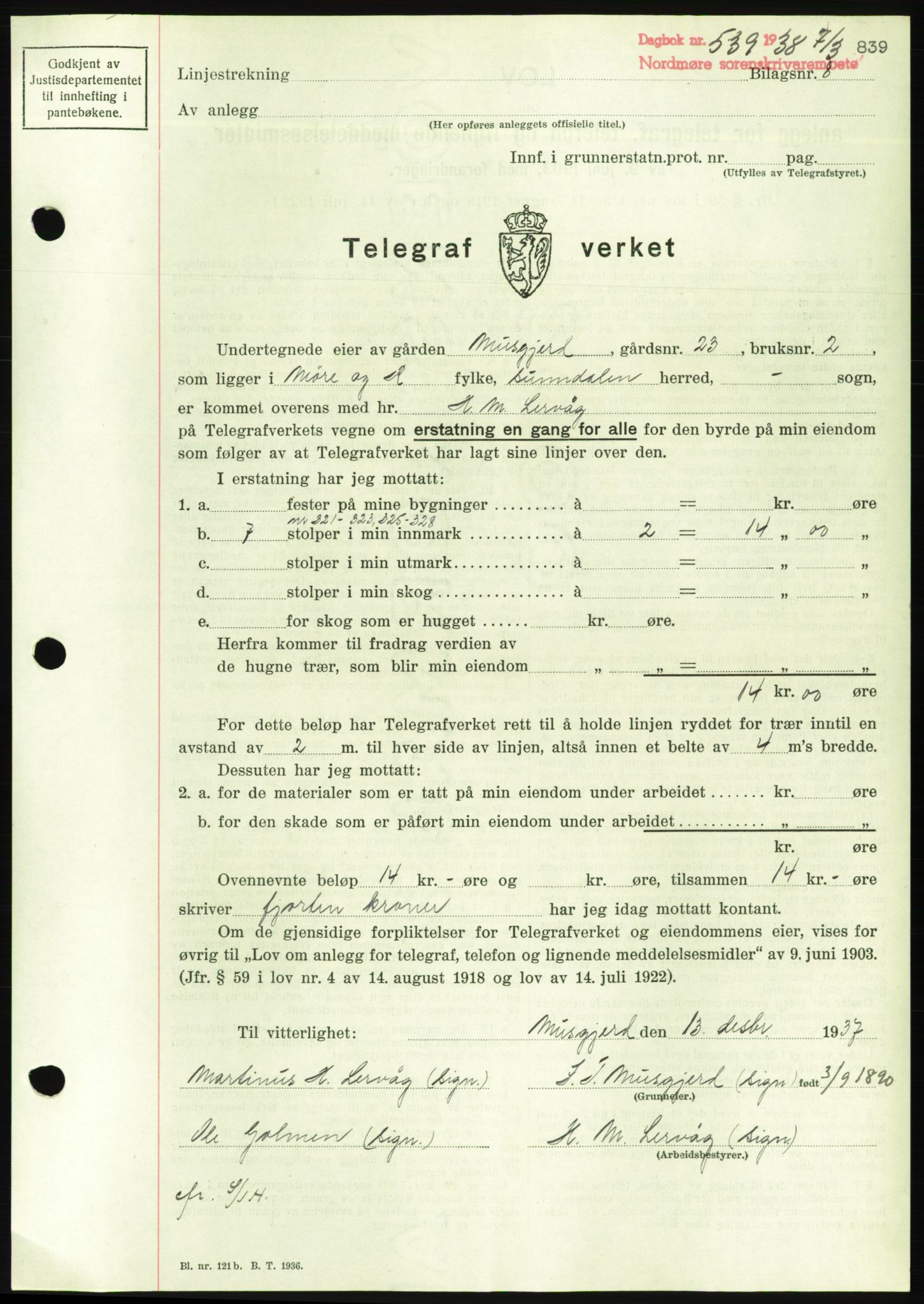 Nordmøre sorenskriveri, AV/SAT-A-4132/1/2/2Ca/L0092: Pantebok nr. B82, 1937-1938, Dagboknr: 539/1938