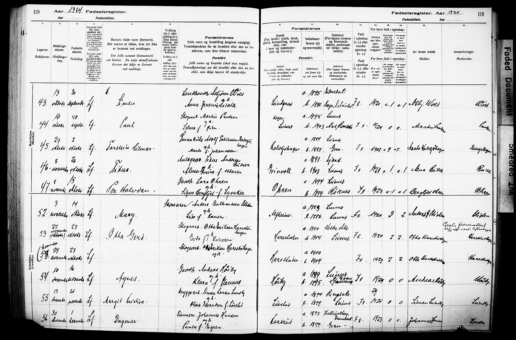 Lunner prestekontor, SAH/PREST-118/I/Id/L0001: Fødselsregister nr. 1, 1916-1932, s. 118