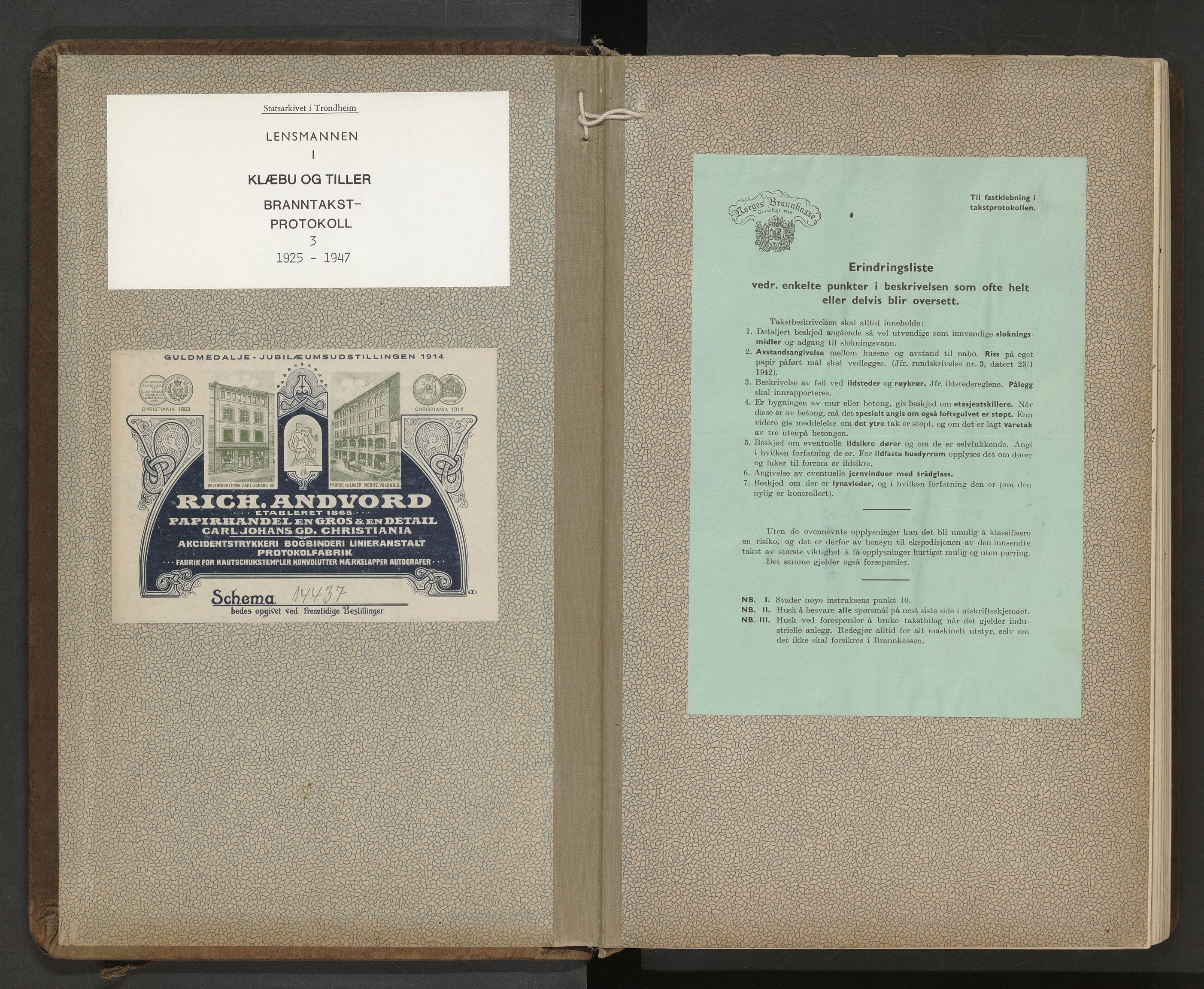 Norges Brannkasse Klæbu og Tiller, SAT/A-5538/Fa/L0003: Branntakstprotokoll, 1925-1947