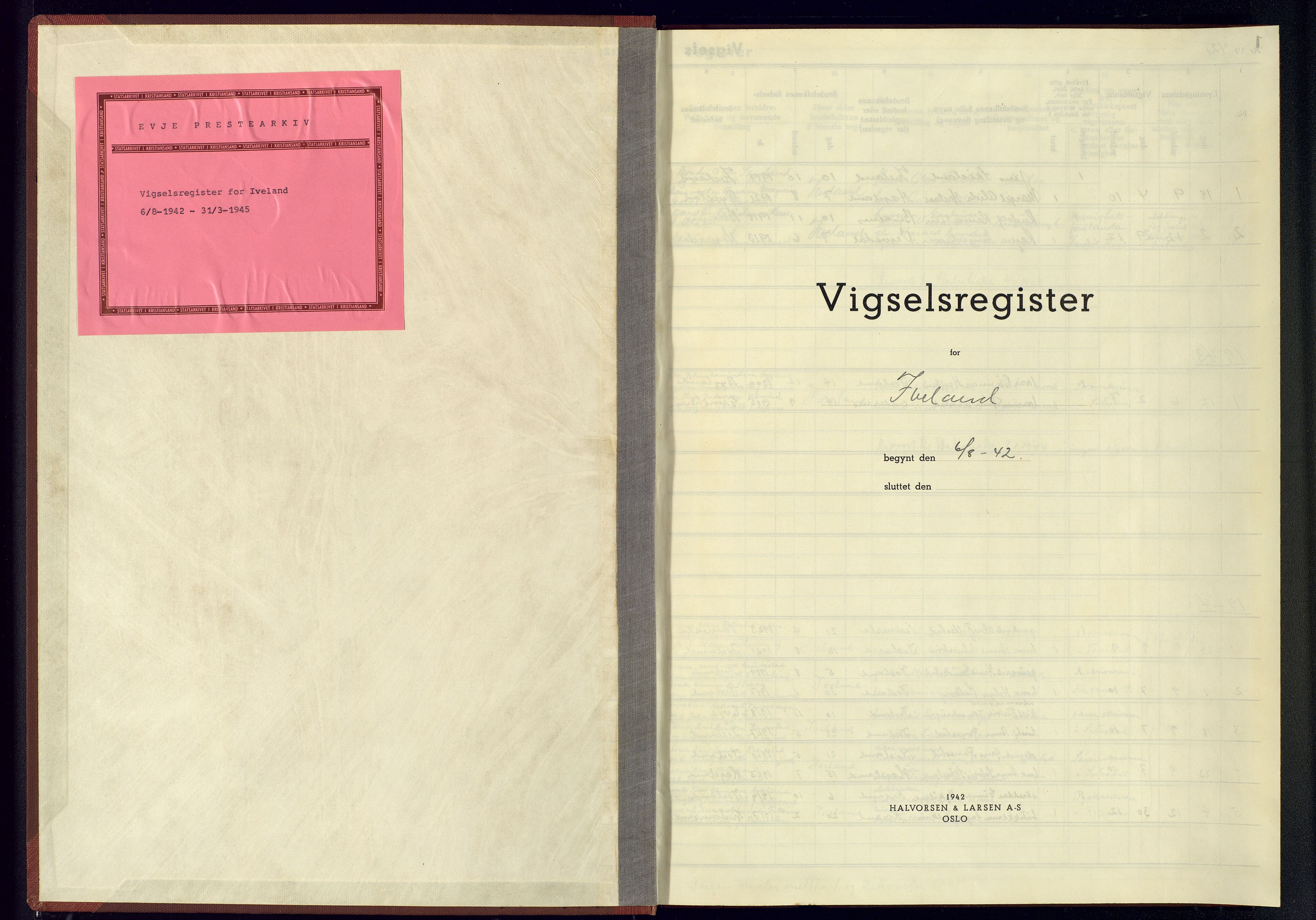 Evje sokneprestkontor, SAK/1111-0008/J/Je/L0006: Vigselsregister nr. II.6.6, 1942-1945