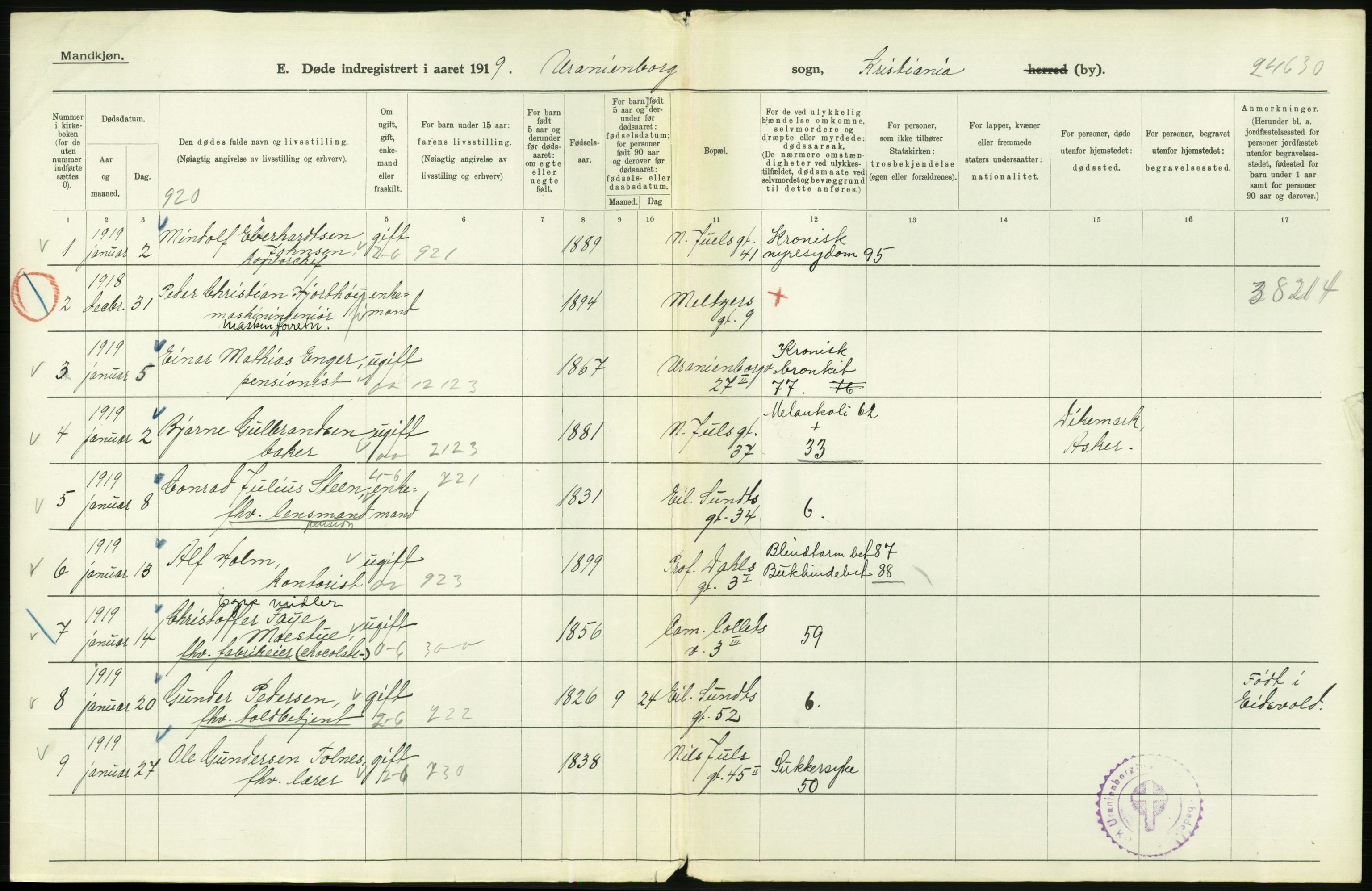 Statistisk sentralbyrå, Sosiodemografiske emner, Befolkning, AV/RA-S-2228/D/Df/Dfb/Dfbi/L0011: Kristiania: Døde, dødfødte, 1919