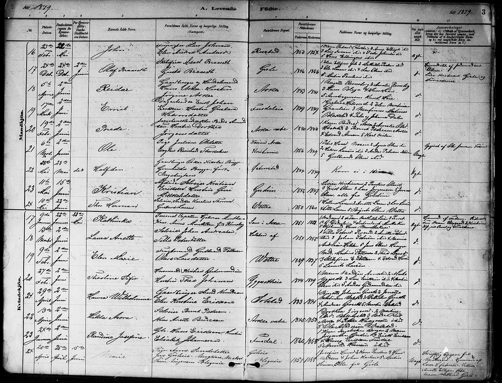 Asker prestekontor Kirkebøker, AV/SAO-A-10256a/F/Fa/L0013: Ministerialbok nr. I 13, 1879-1896, s. 3