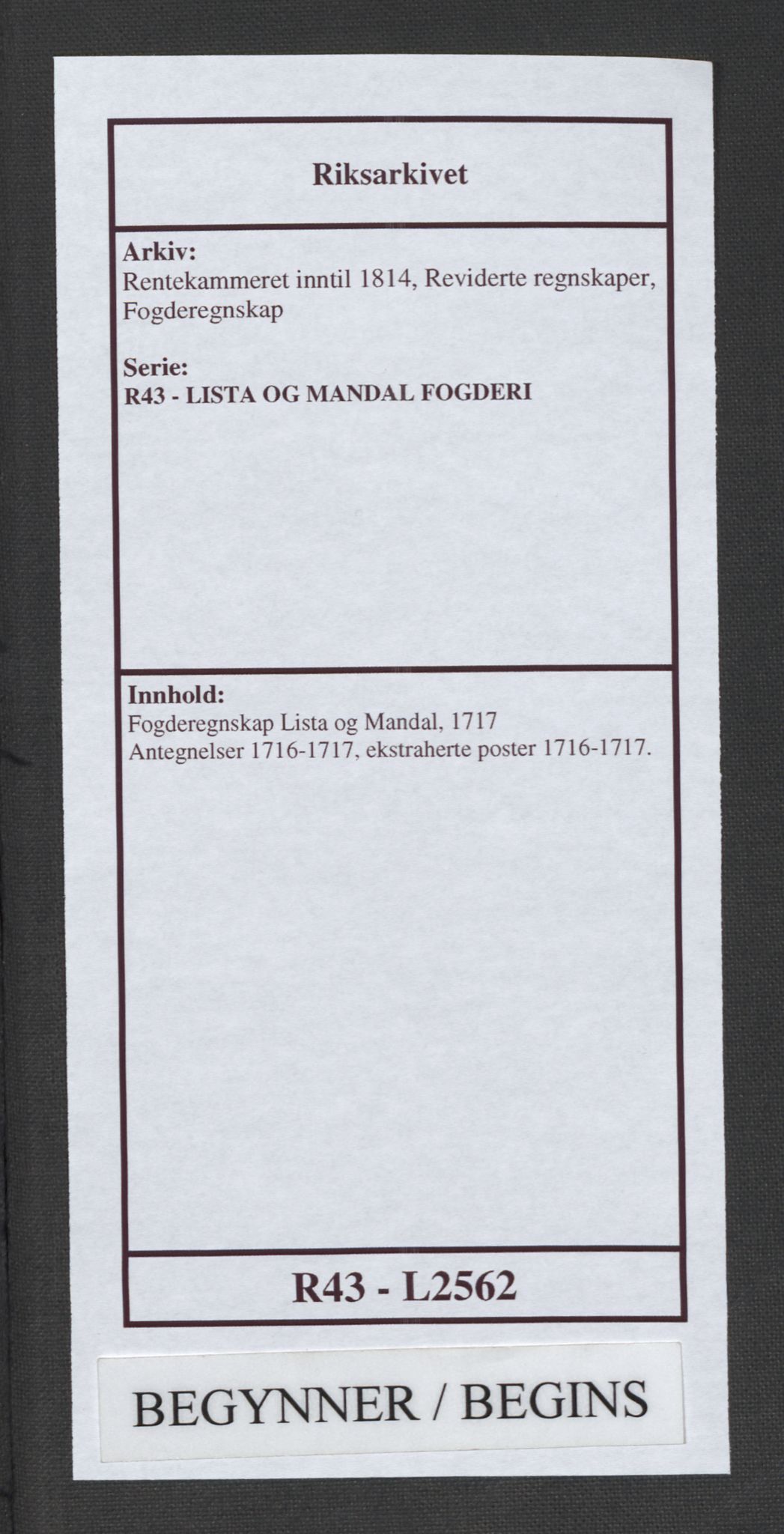 Rentekammeret inntil 1814, Reviderte regnskaper, Fogderegnskap, AV/RA-EA-4092/R43/L2562: Fogderegnskap Lista og Mandal, 1717, s. 1