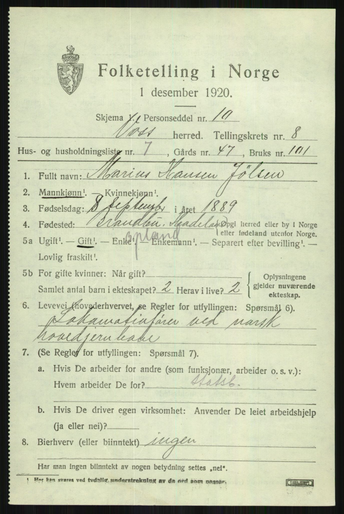 SAB, Folketelling 1920 for 1235 Voss herred, 1920, s. 7797