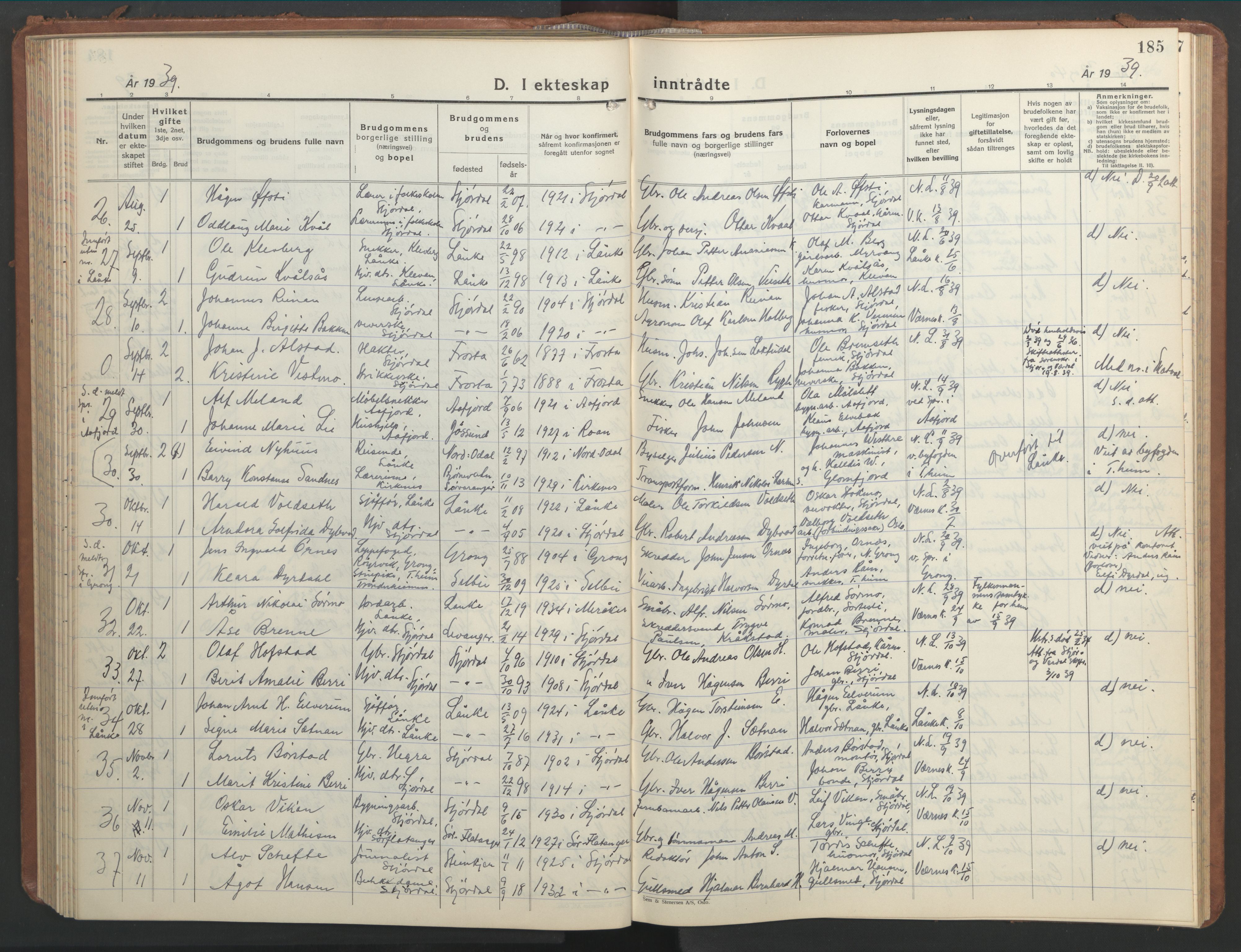 Ministerialprotokoller, klokkerbøker og fødselsregistre - Nord-Trøndelag, SAT/A-1458/709/L0089: Klokkerbok nr. 709C03, 1935-1948, s. 185