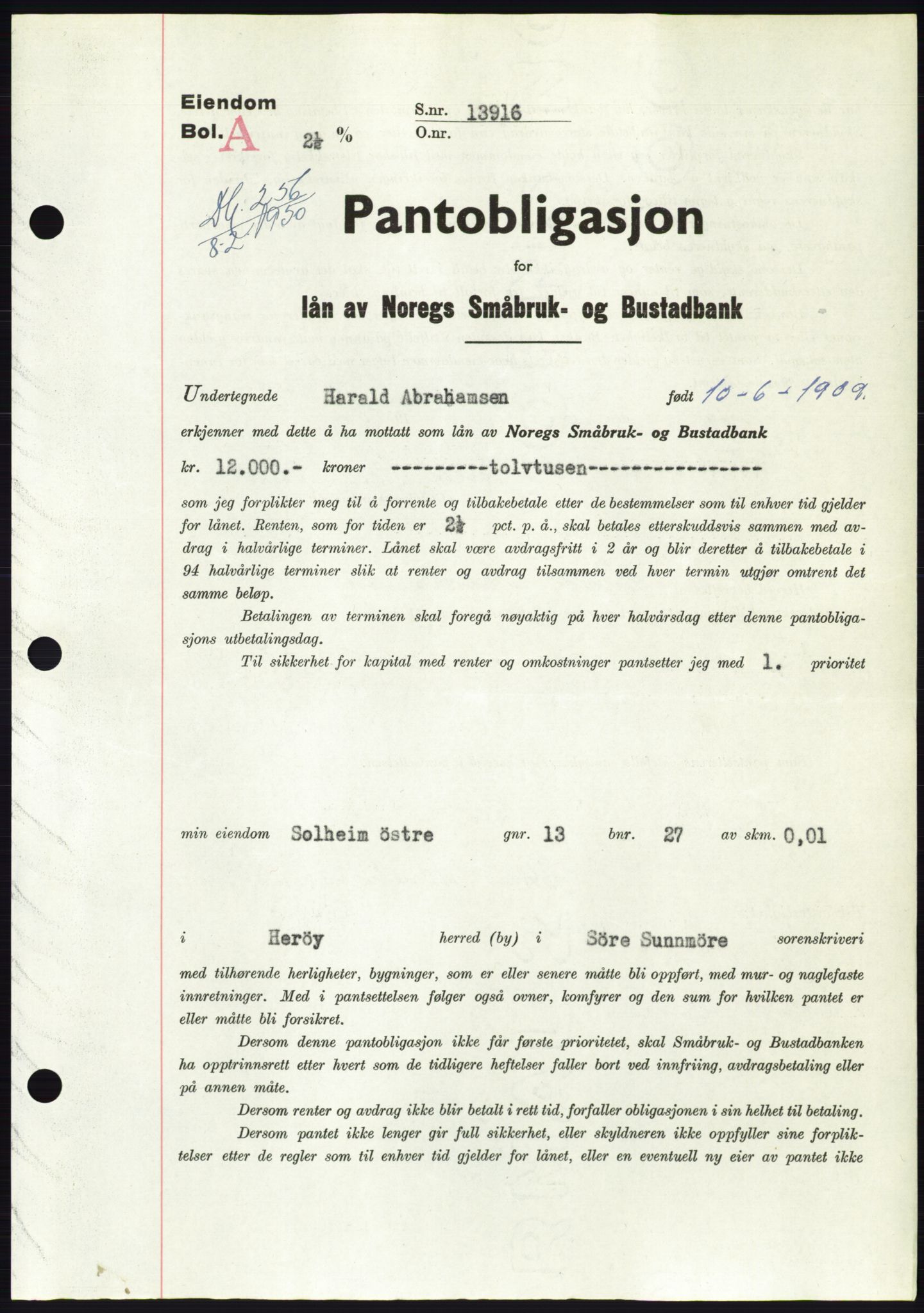 Søre Sunnmøre sorenskriveri, SAT/A-4122/1/2/2C/L0118: Pantebok nr. 6B, 1949-1950, Dagboknr: 256/1950