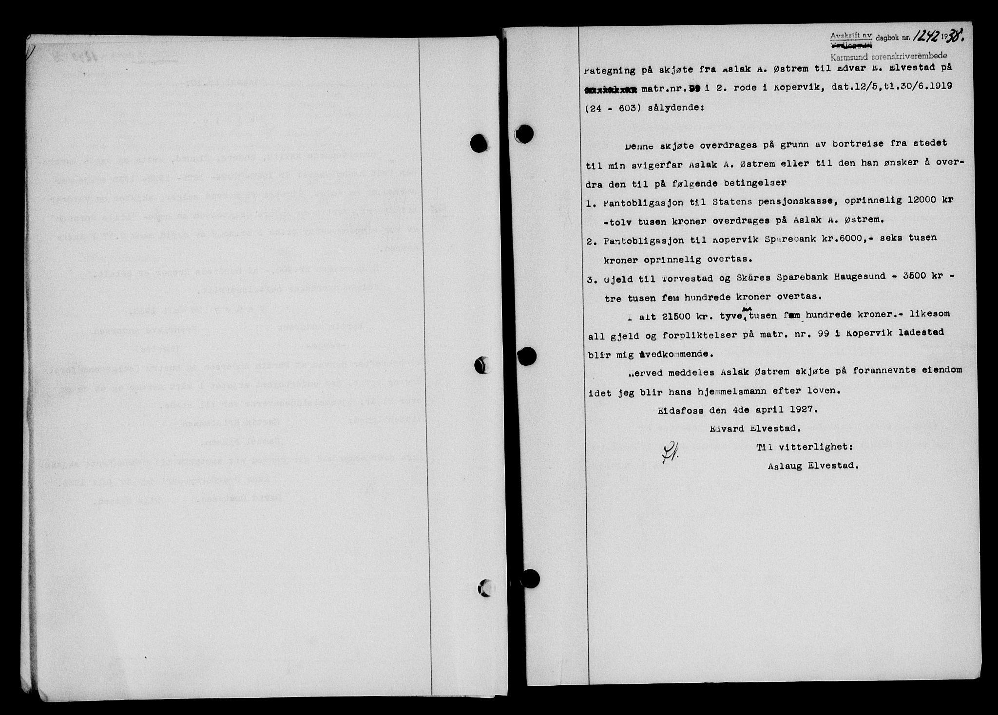 Karmsund sorenskriveri, SAST/A-100311/01/II/IIB/L0069: Pantebok nr. 50A, 1937-1938, Dagboknr: 1242/1938
