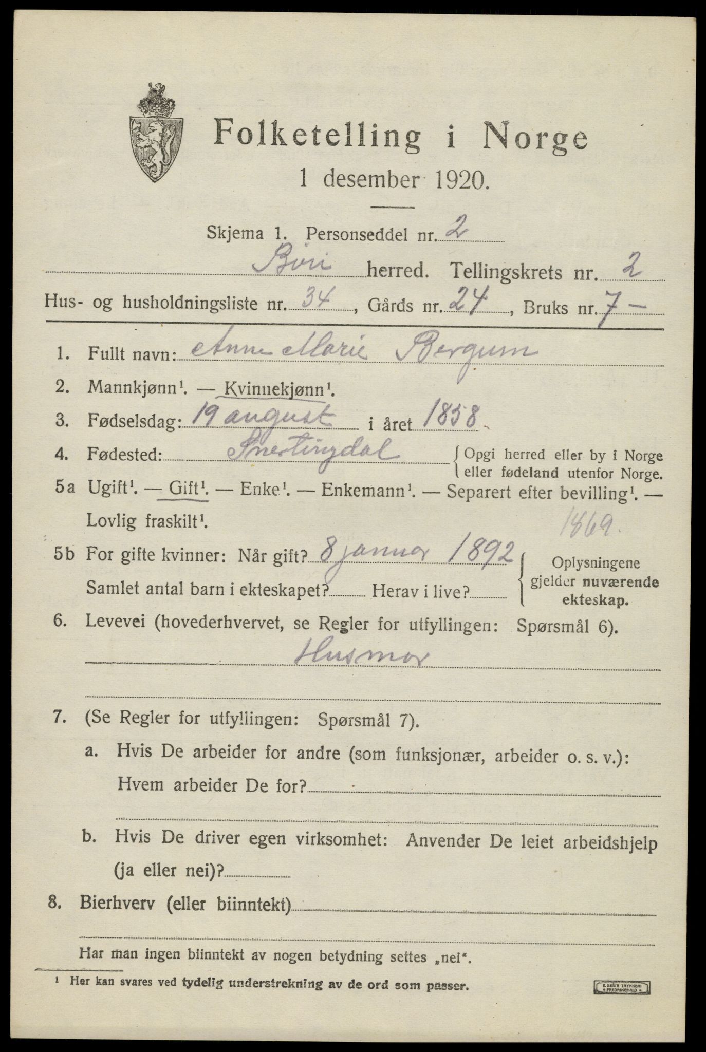 SAH, Folketelling 1920 for 0525 Biri herred, 1920, s. 2299