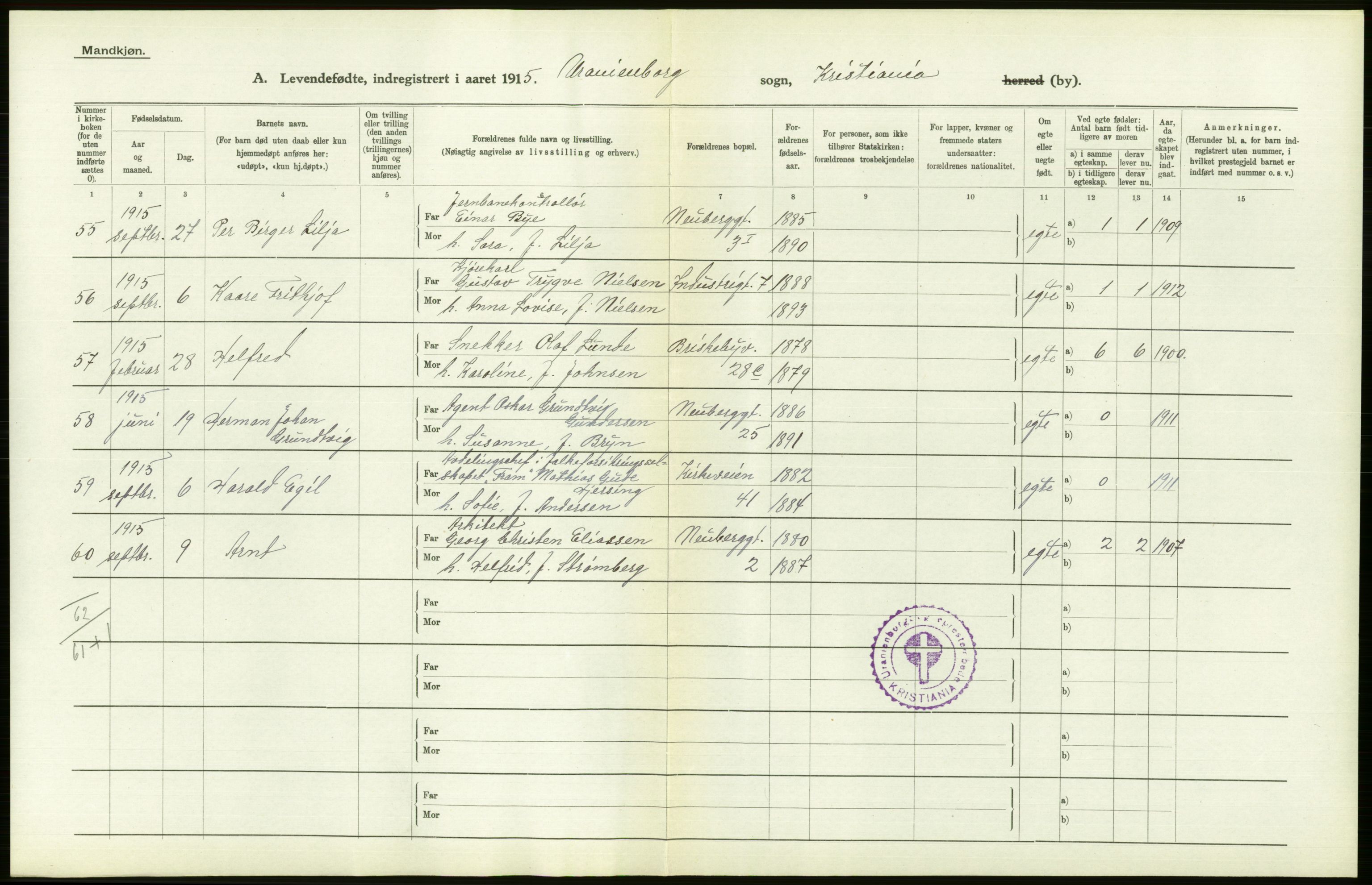 Statistisk sentralbyrå, Sosiodemografiske emner, Befolkning, RA/S-2228/D/Df/Dfb/Dfbe/L0007: Kristiania: Levendefødte menn og kvinner., 1915, s. 502