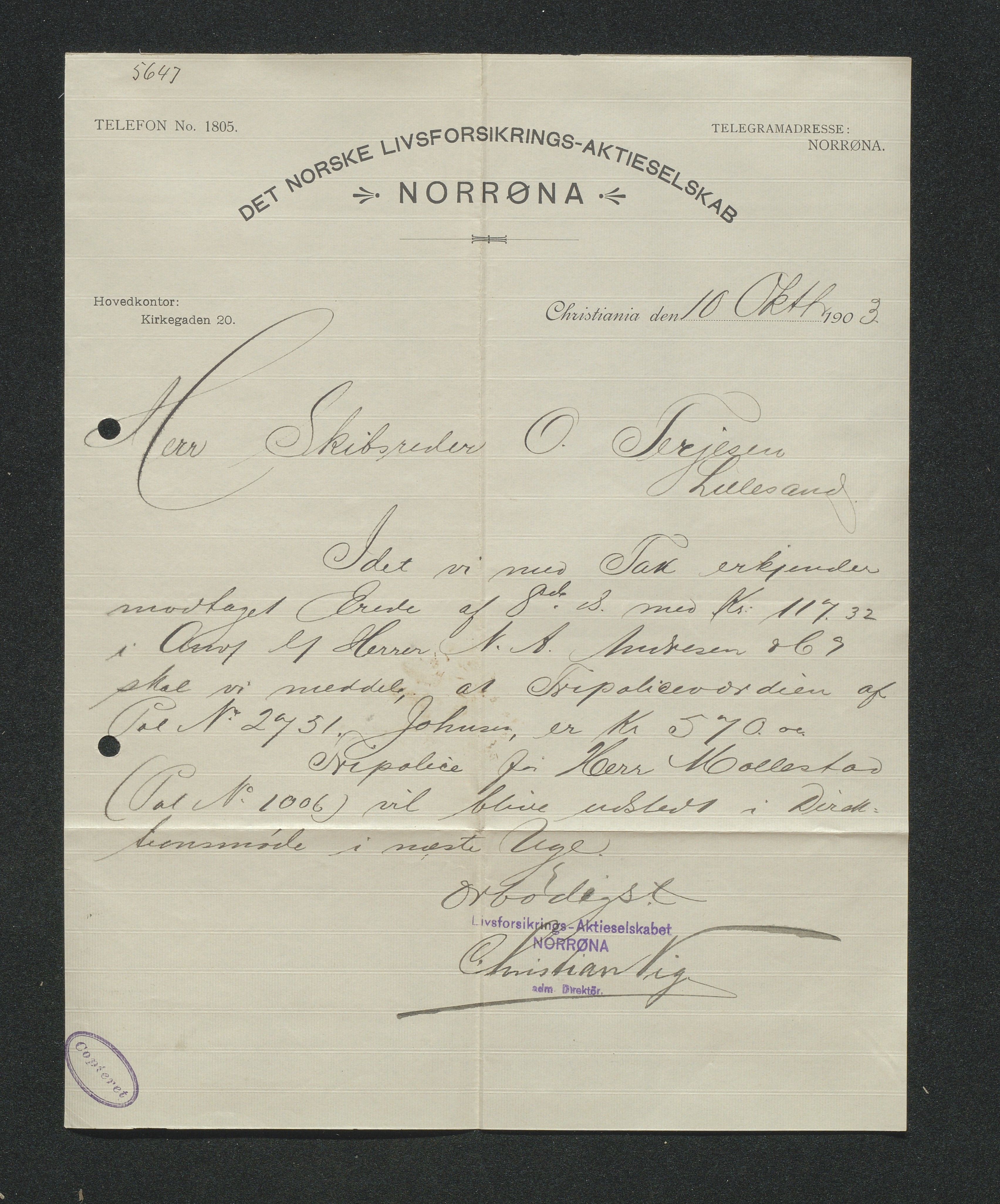 O. Terjesens rederi, AAKS/PA-2525/E/E01/L0011: Korrespondanse, 1903