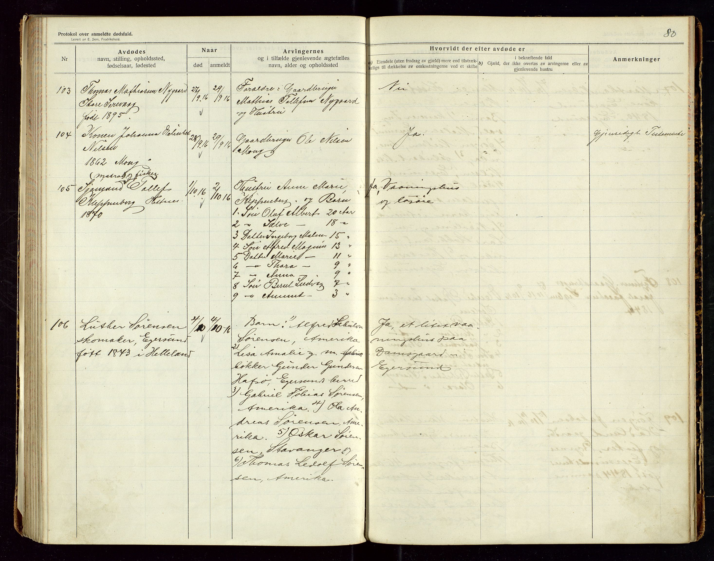 Eigersund lensmannskontor, AV/SAST-A-100171/Gga/L0006: "Protokol over anmeldte dødsfald" m/alfabetisk navneregister, 1914-1917, s. 80