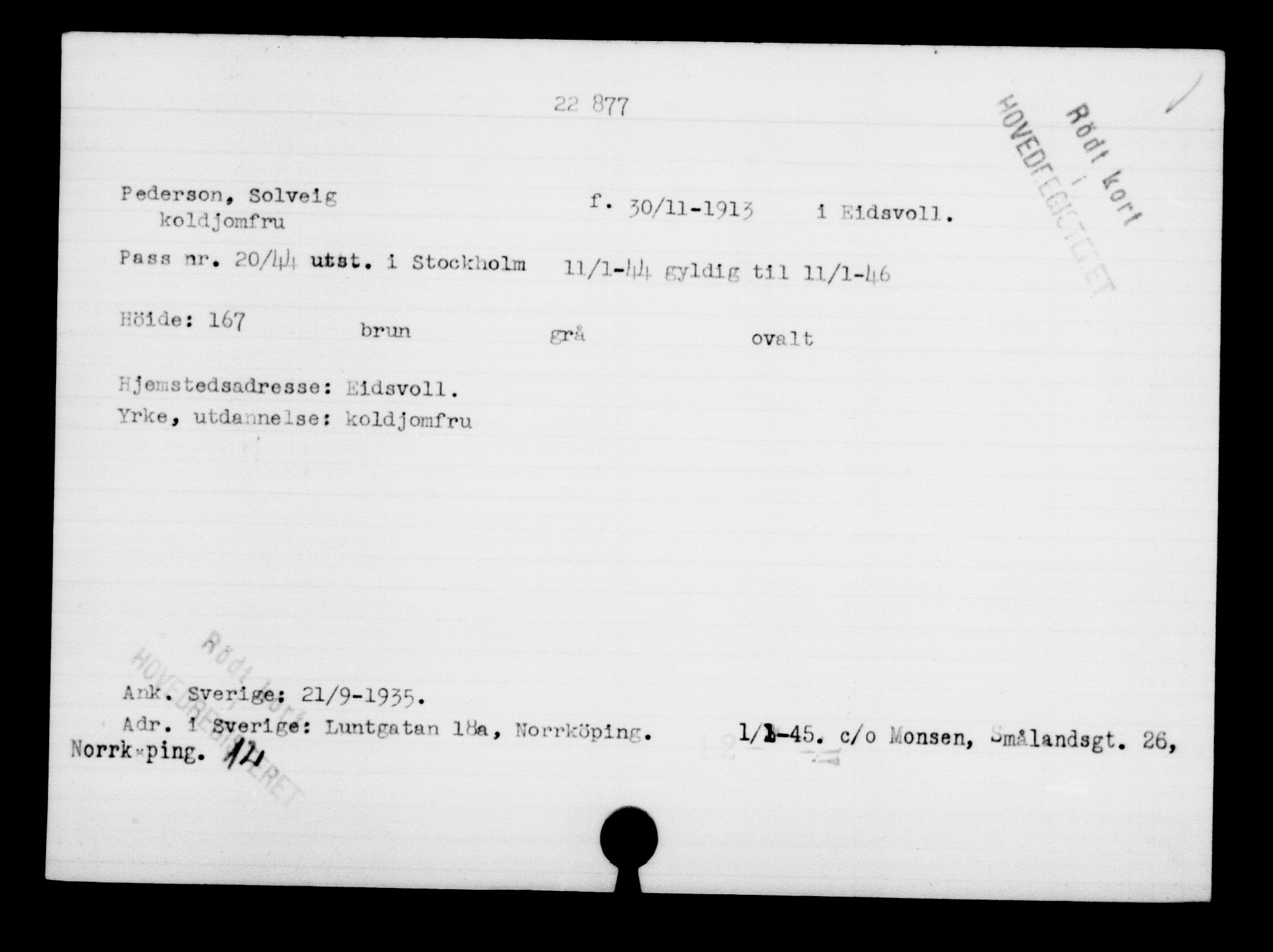 Utenriksstasjonene, Legasjonen i Stockholm, Flyktningkontoret, AV/RA-S-6753/V/Va/L0010: Kjesäterkartoteket, flyktninger med registreringsnr. 22000-25314, 1940-1945, s. 955